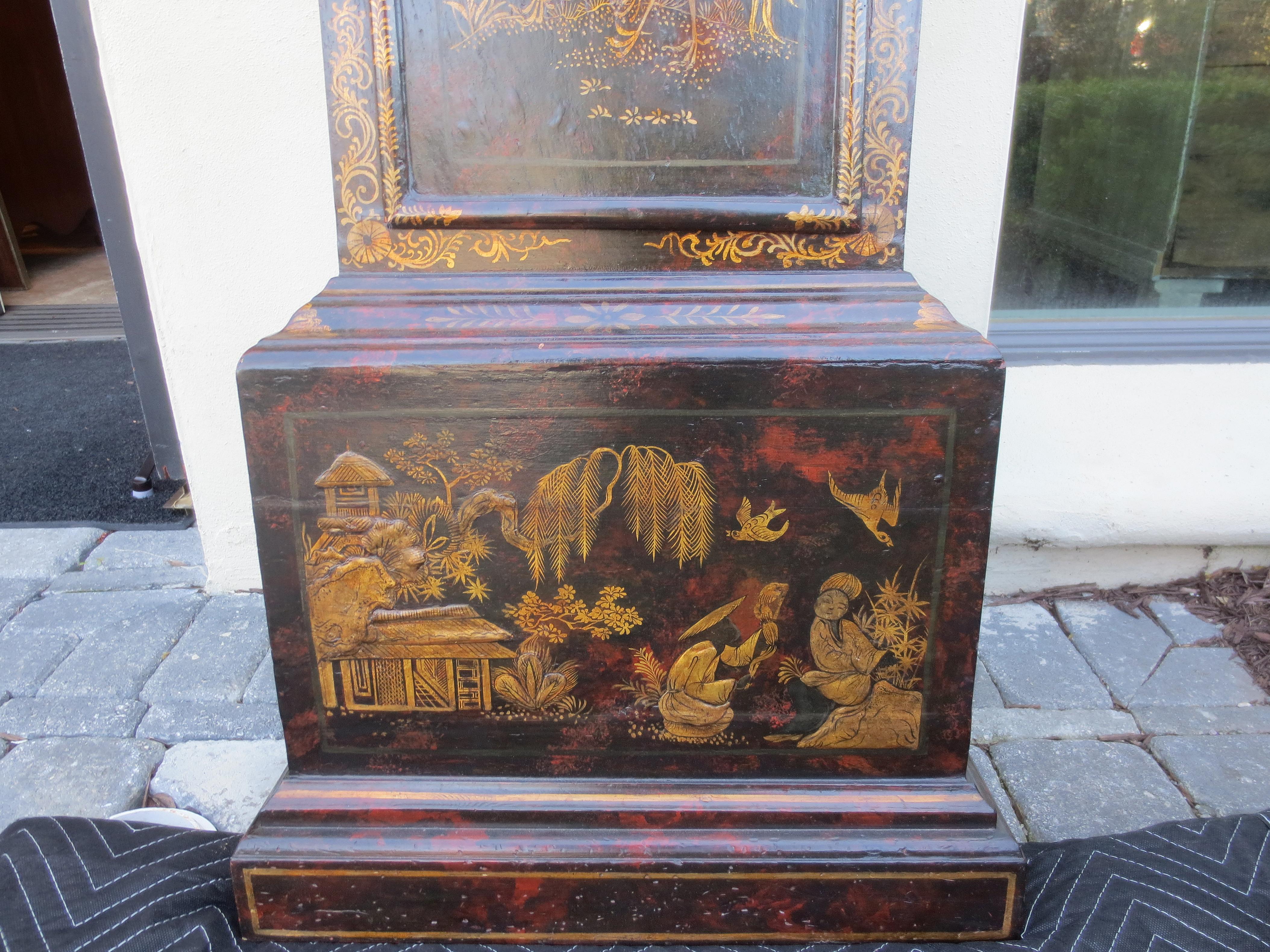 Glass 18thCentury English Queen Anne style Chinoiserie Case Clock, Sam Stanton, London