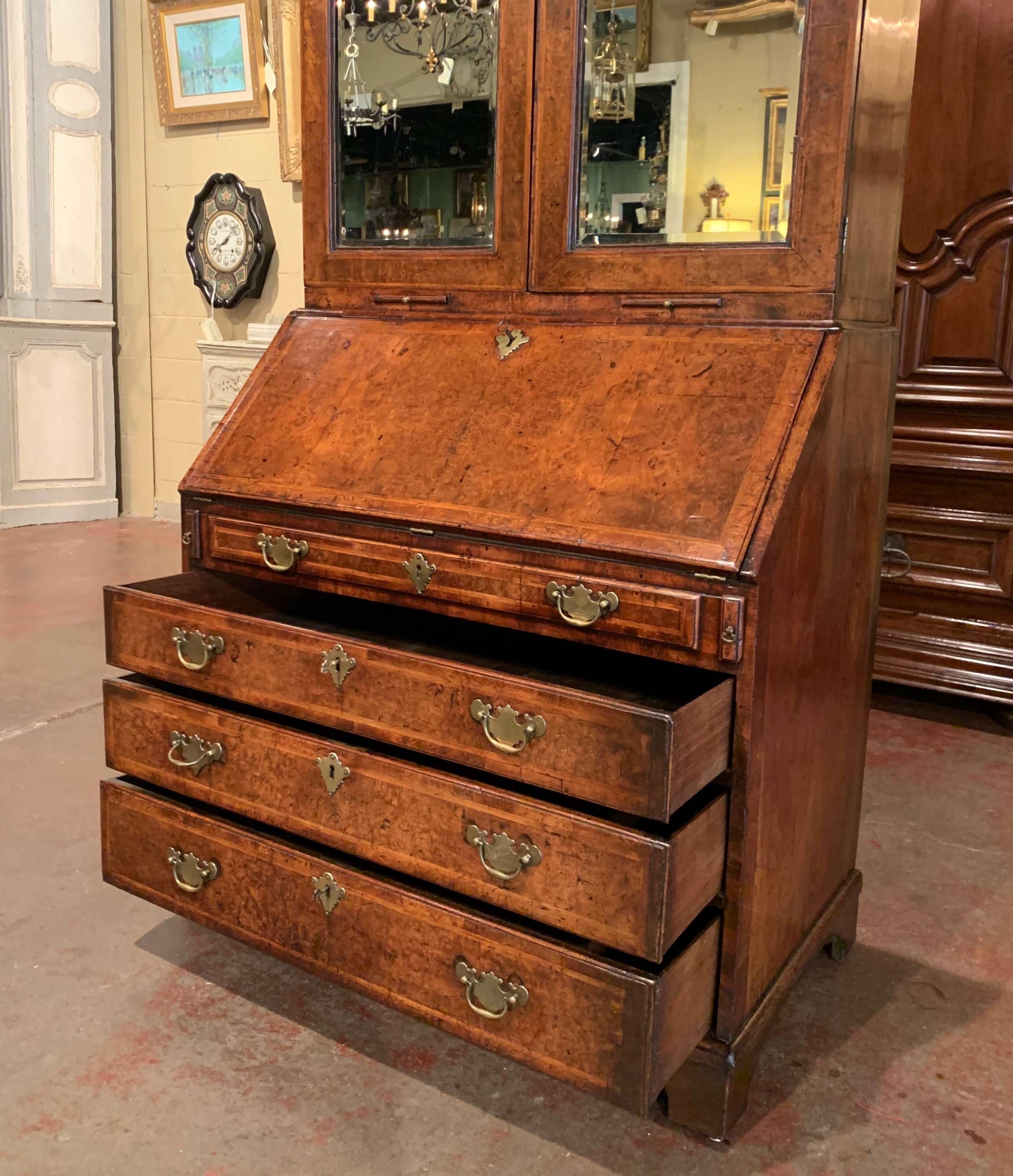 18th Century English Queen Anne Walnut and Burl Secretary with 7 Mirrored Doors 8