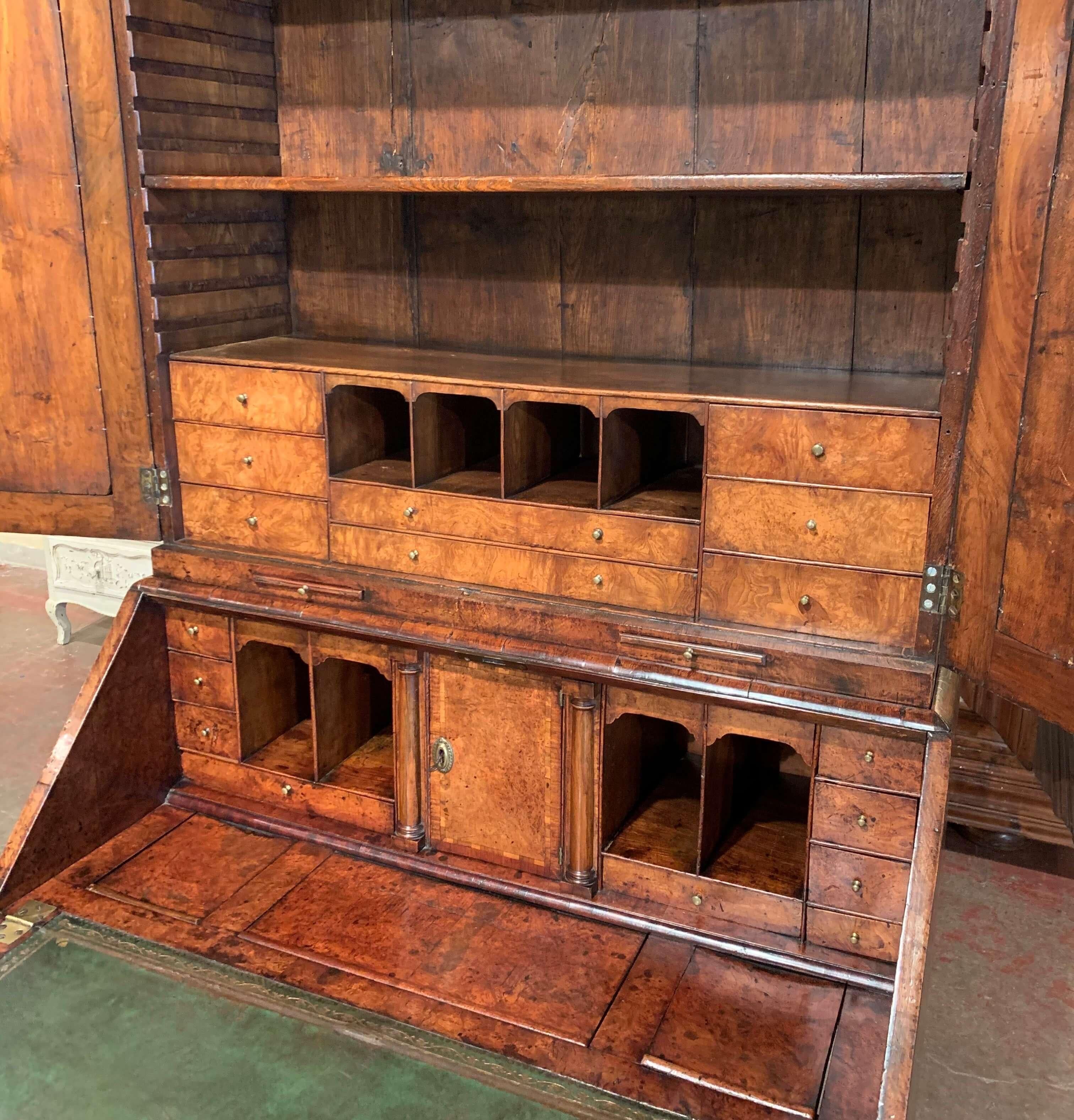 18th Century English Queen Anne Walnut and Burl Secretary with 7 Mirrored Doors 10