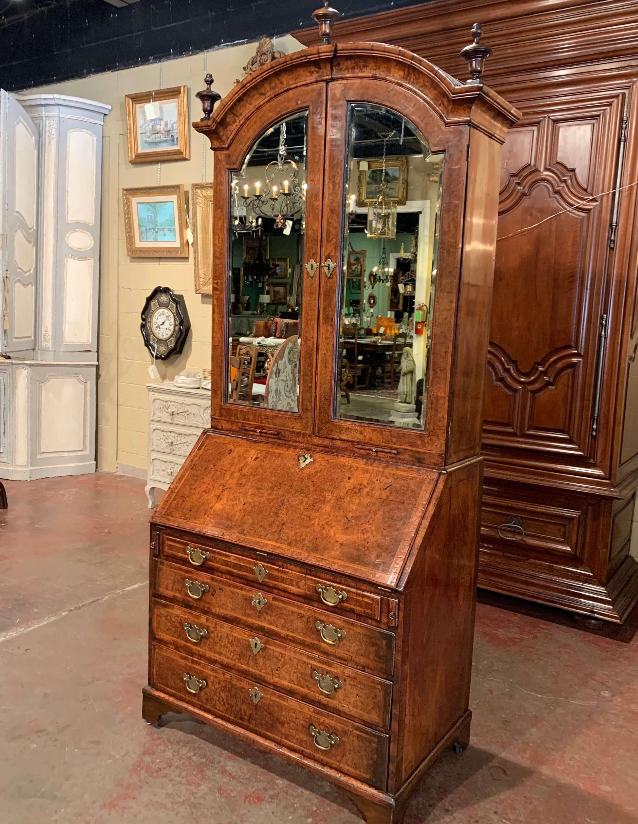 Beveled 18th Century English Queen Anne Walnut and Burl Secretary with 7 Mirrored Doors