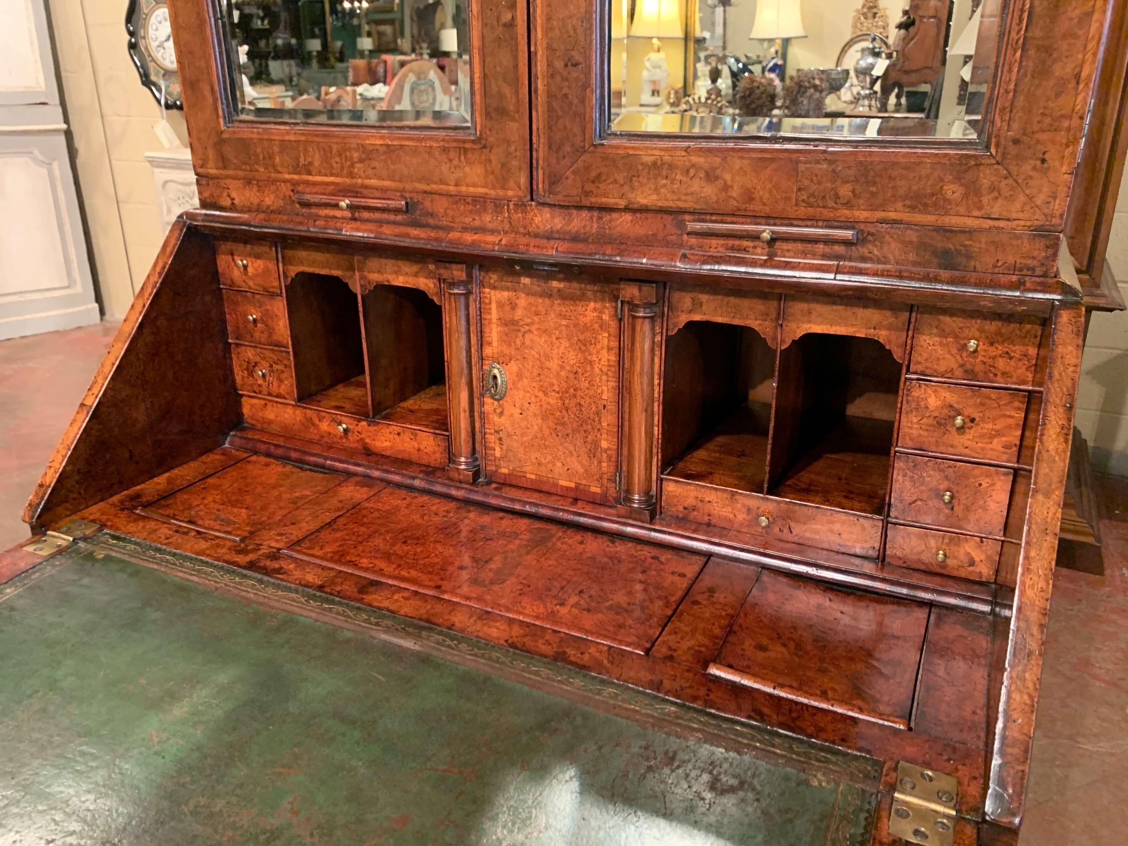 Leather 18th Century English Queen Anne Walnut and Burl Secretary with 7 Mirrored Doors