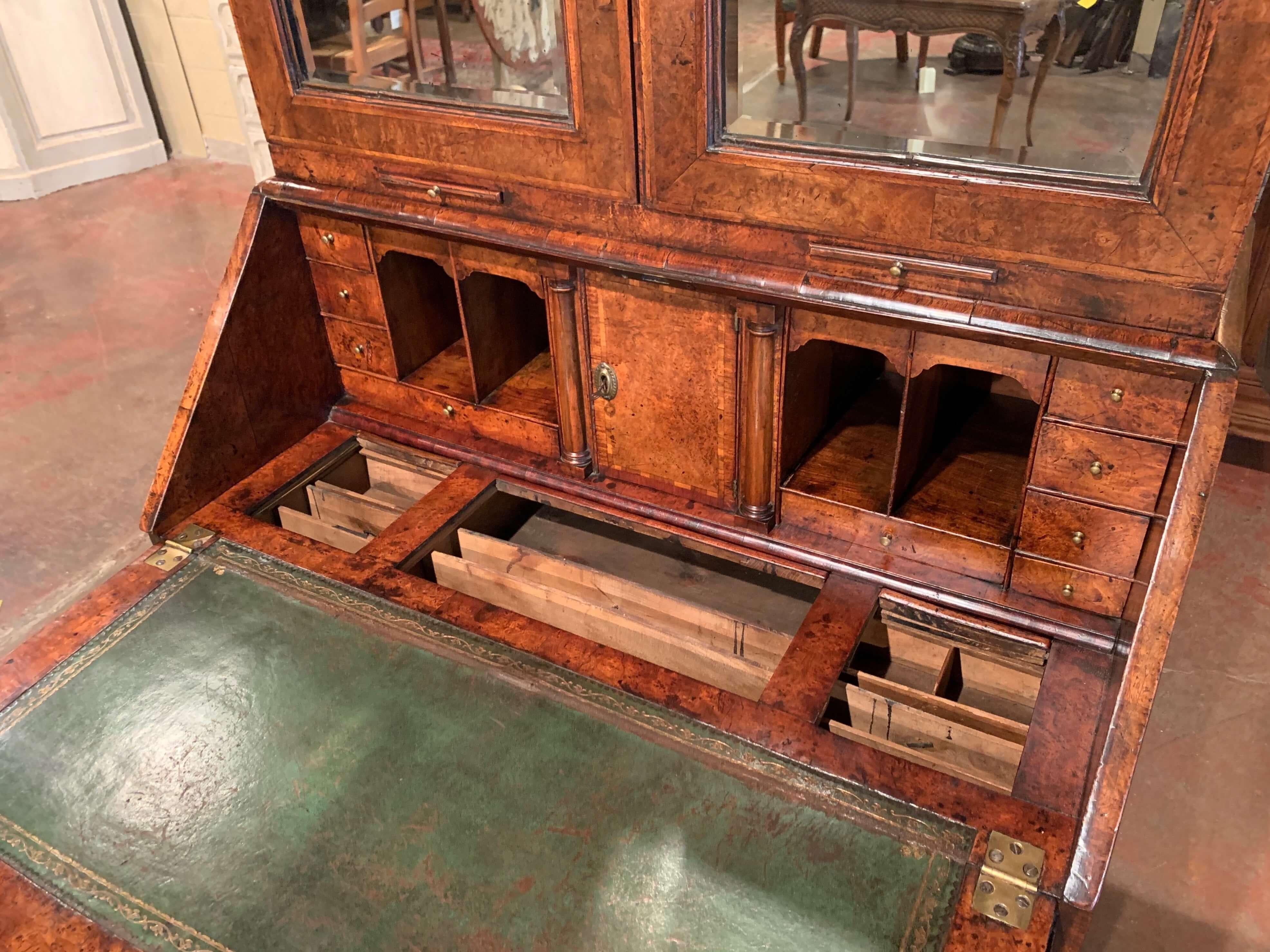 18th Century English Queen Anne Walnut and Burl Secretary with 7 Mirrored Doors 2