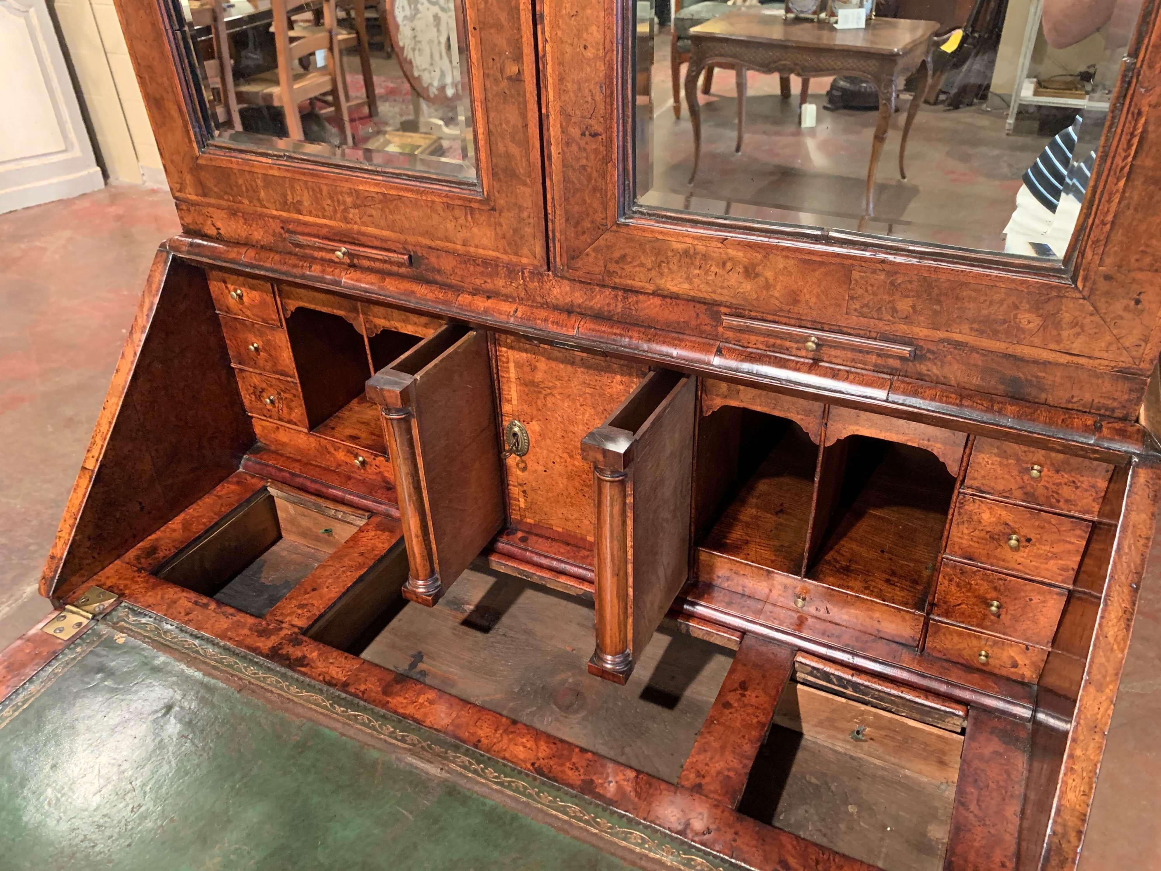 18th Century English Queen Anne Walnut and Burl Secretary with 7 Mirrored Doors 3