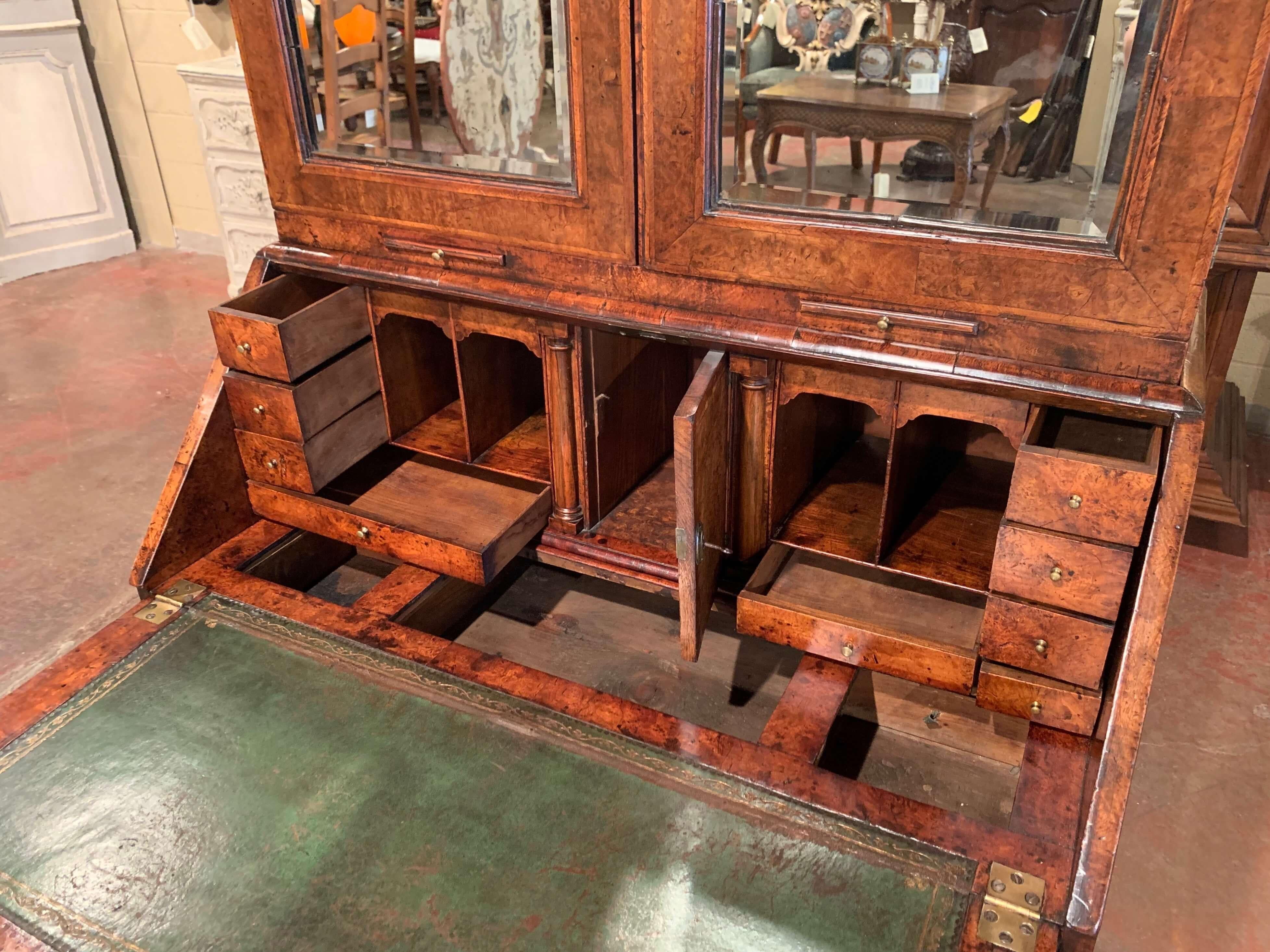 18th Century English Queen Anne Walnut and Burl Secretary with 7 Mirrored Doors 4