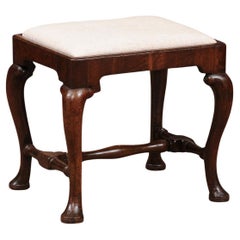 18th Century English Queen Anne Walnut Bench with Pad Feet & Turned Stretcher