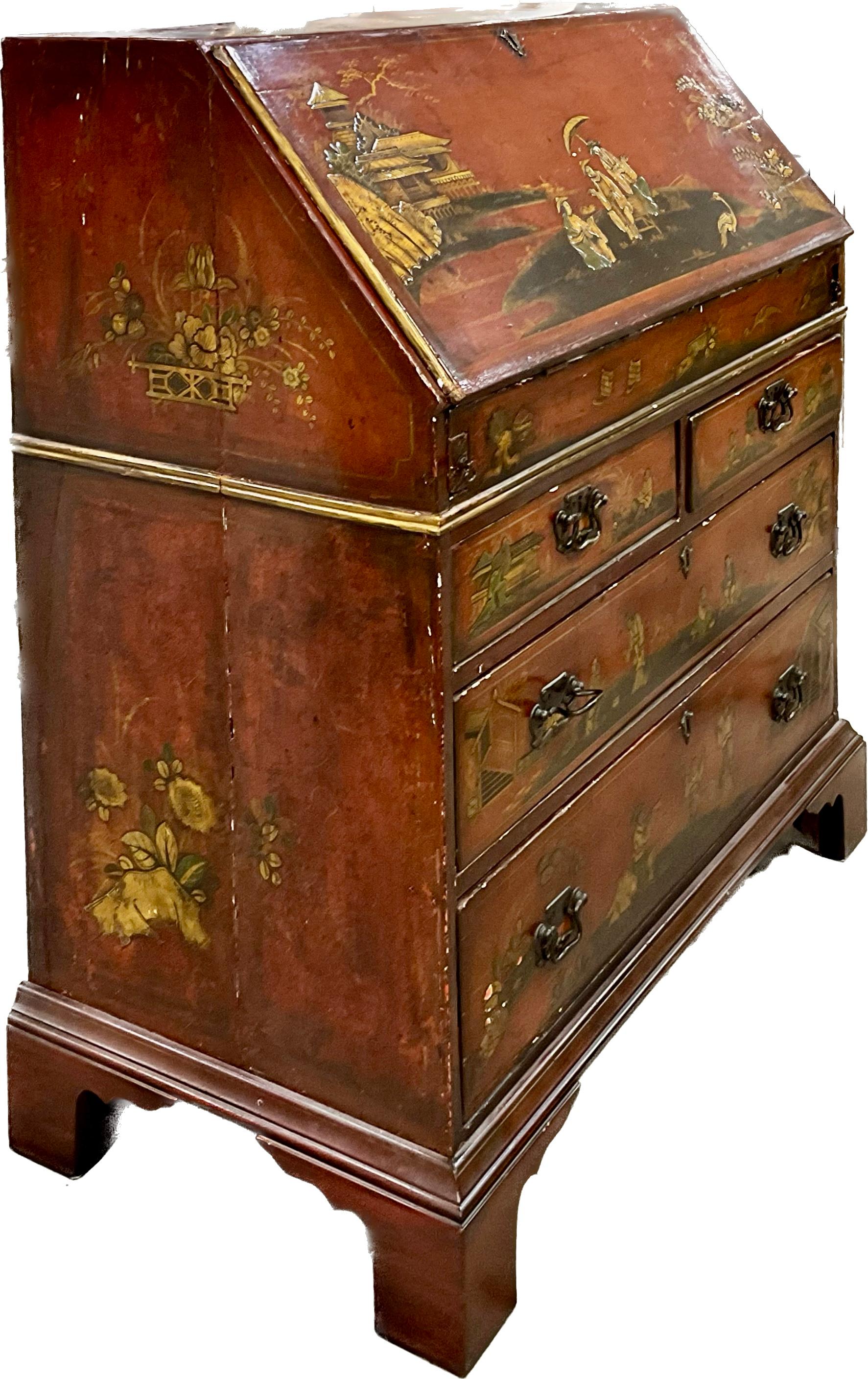 Queen Anne 18th Century English Red Chinoiserie Slant Front Desk