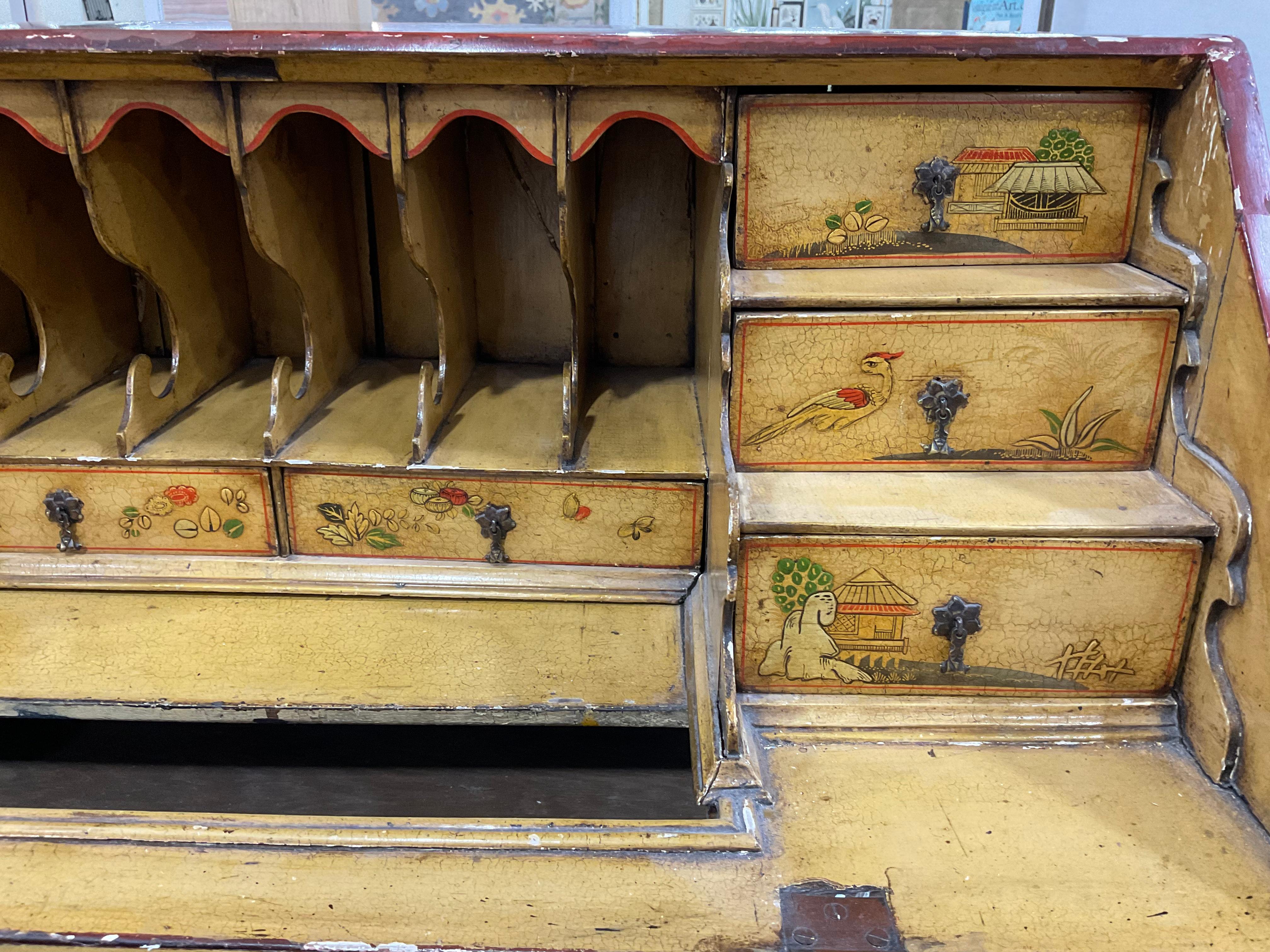 18th Century English Red Chinoiserie Slant Front Desk In Good Condition In Bradenton, FL