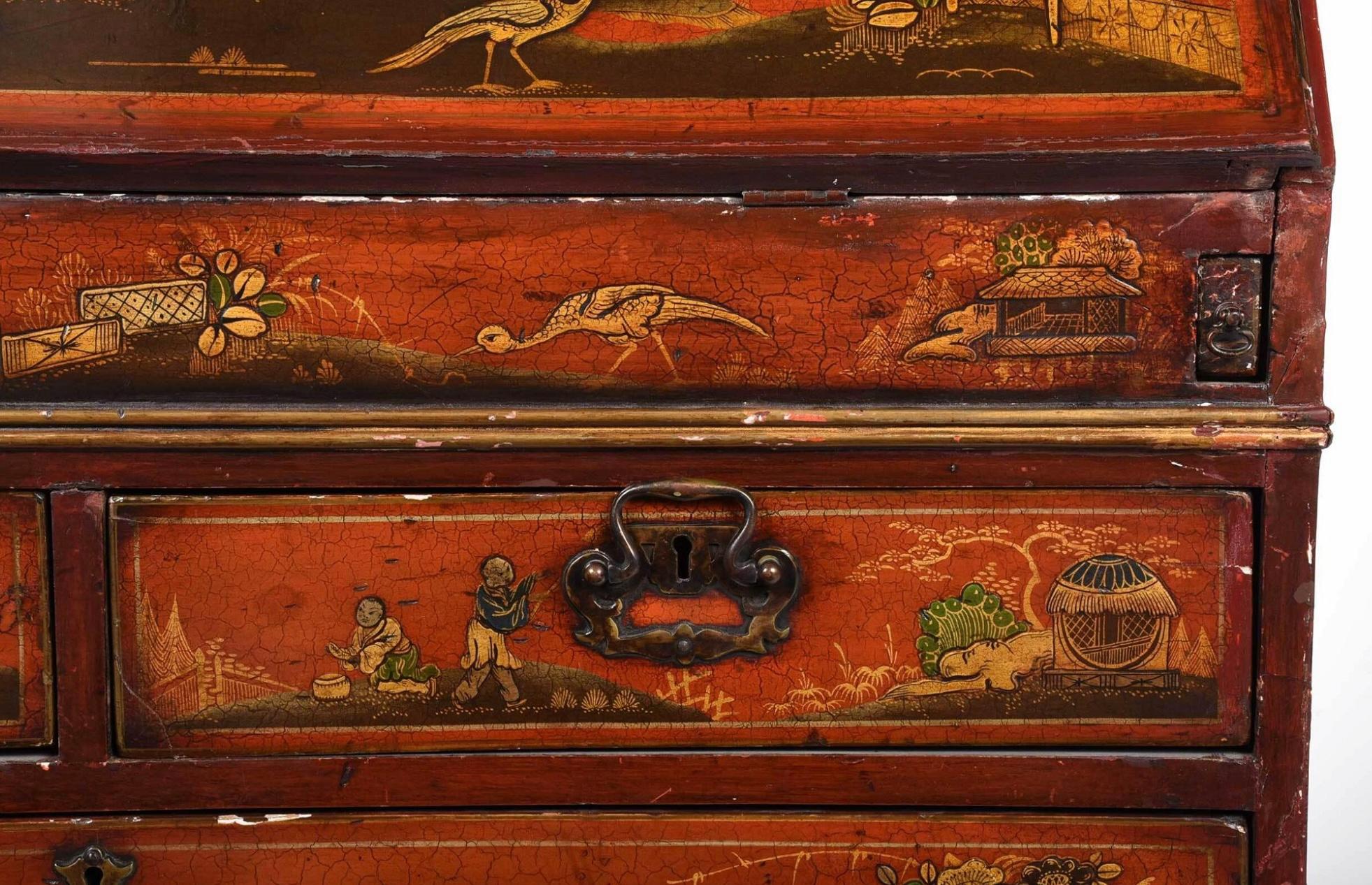 18th Century and Earlier 18th Century English Red Chinoiserie Slant Front Desk