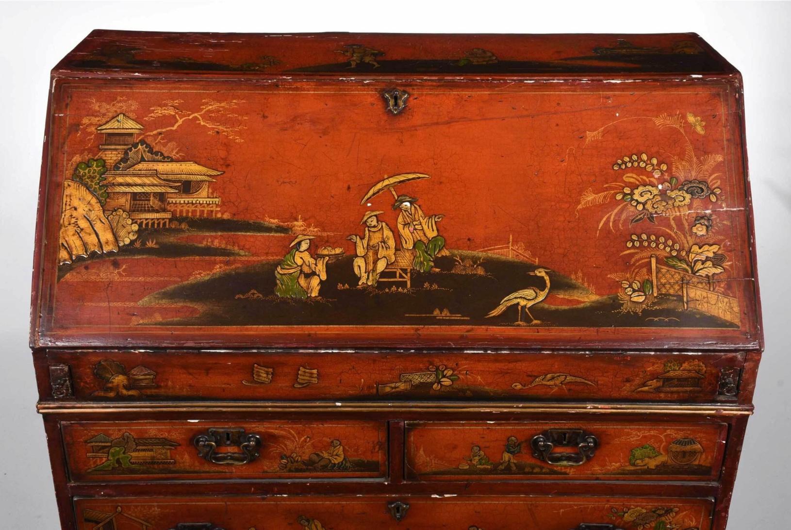 Wood 18th Century English Red Chinoiserie Slant Front Desk