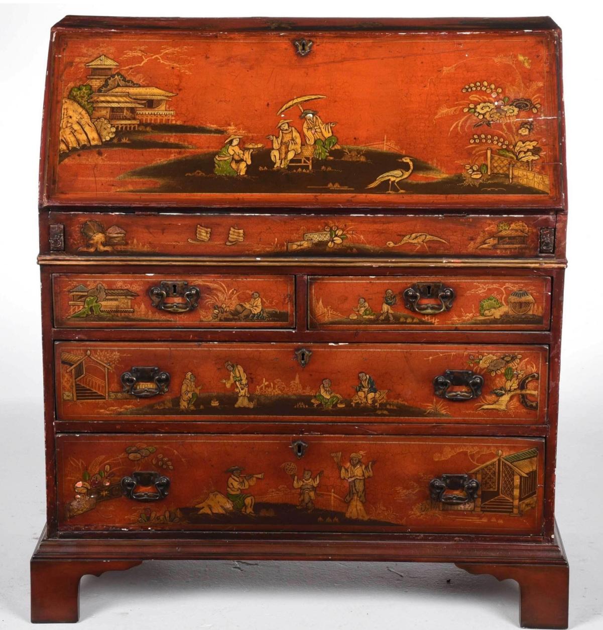 18th Century English Red Chinoiserie Slant Front Desk 1