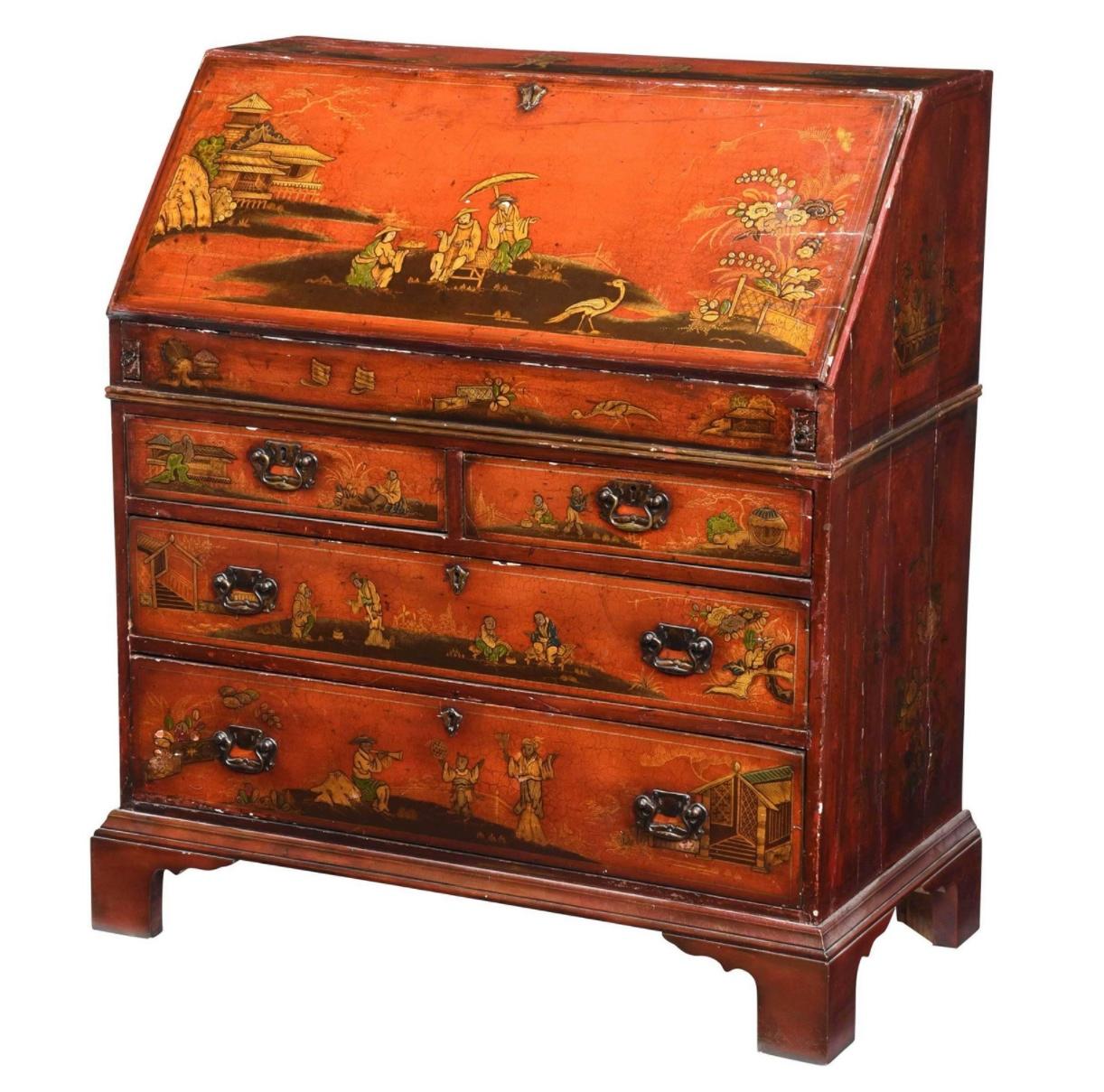 18th Century English Red Chinoiserie Slant Front Desk 2
