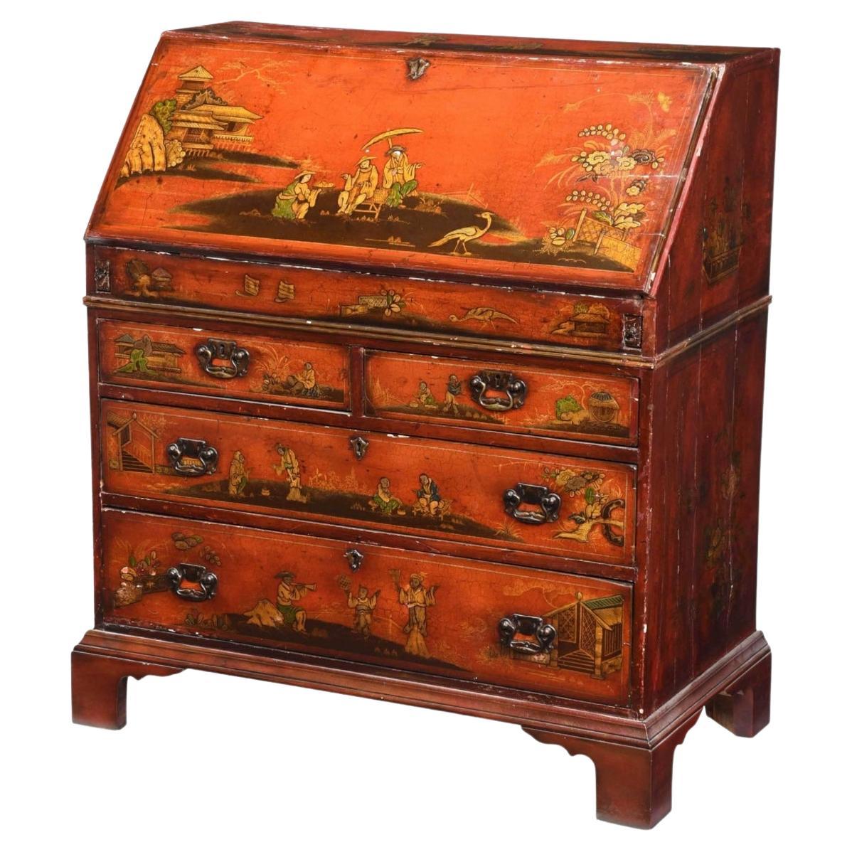 18th Century English Red Chinoiserie Slant Front Desk