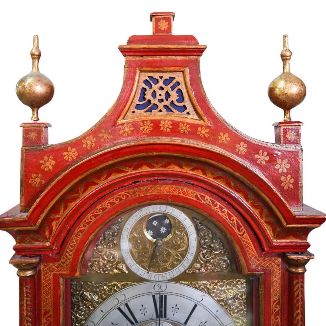 18th Century and Earlier 18th Century English Red Lacquered Chinoiserie Tall Case Clock