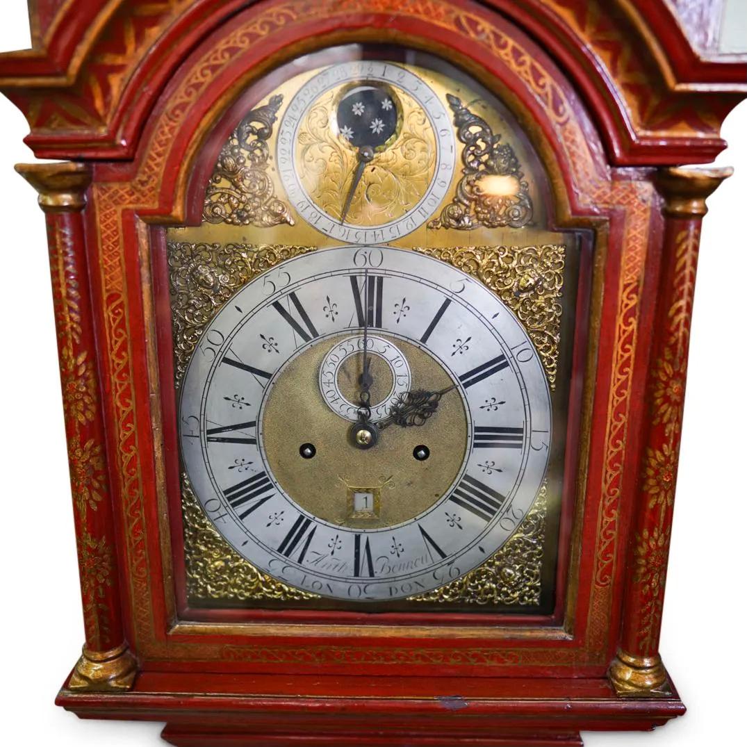 18th Century English Red Lacquered Chinoiserie Tall Case Clock In Good Condition In Essex, MA
