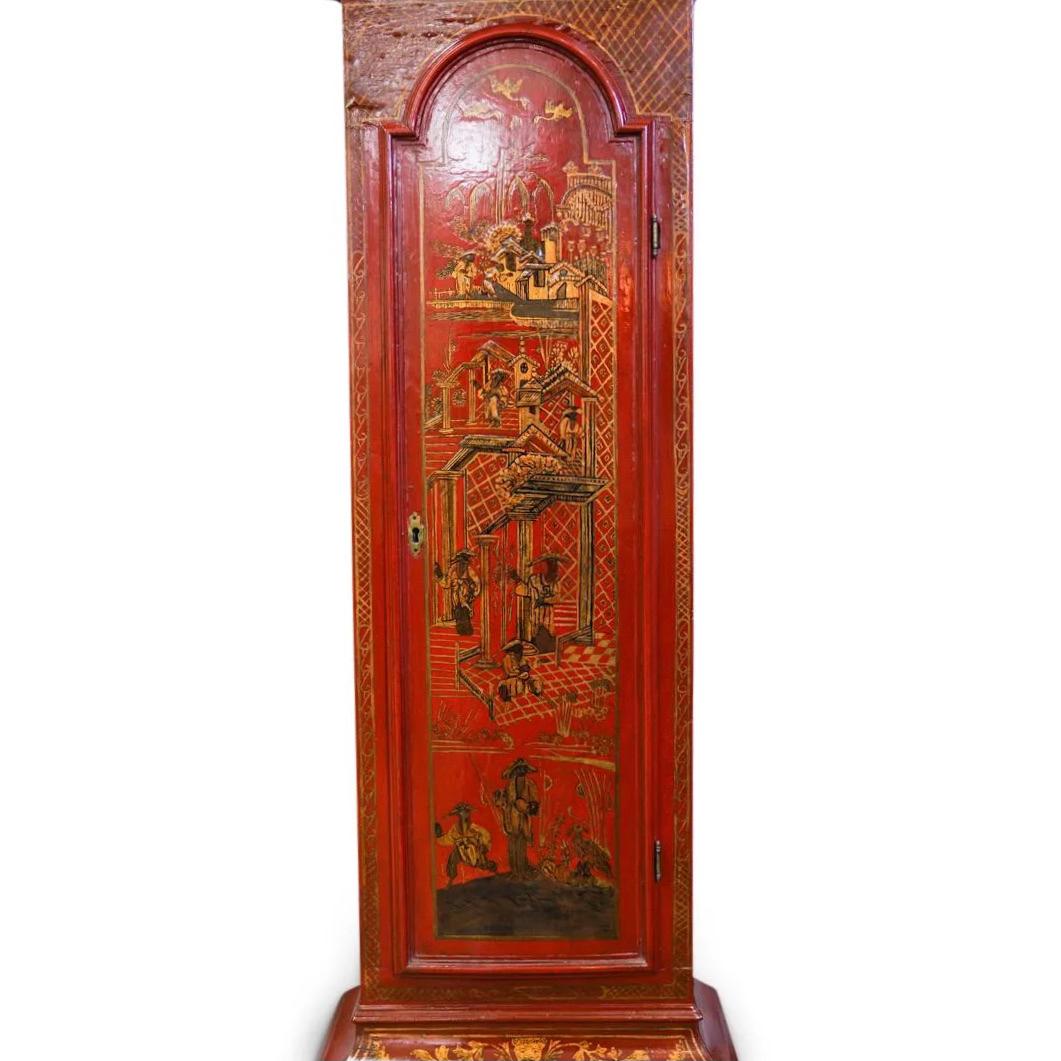 18th Century English Red Lacquered Chinoiserie Tall Case Clock 2