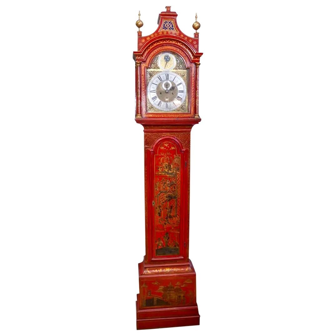 18th Century English Red Lacquered Chinoiserie Tall Case Clock