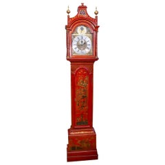 Antique 18th Century English Red Lacquered Chinoiserie Tall Case Clock