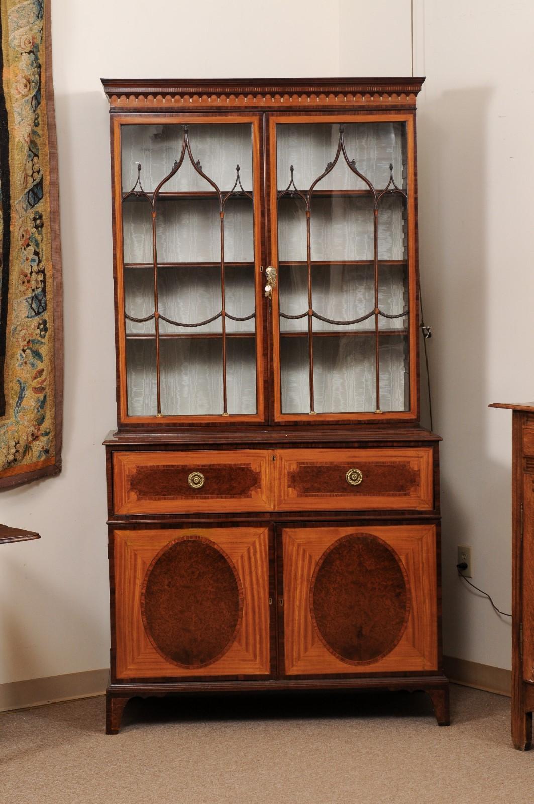 18th Century English Satinwood Secretary Bookcase with Burl Panels & Bone Turning