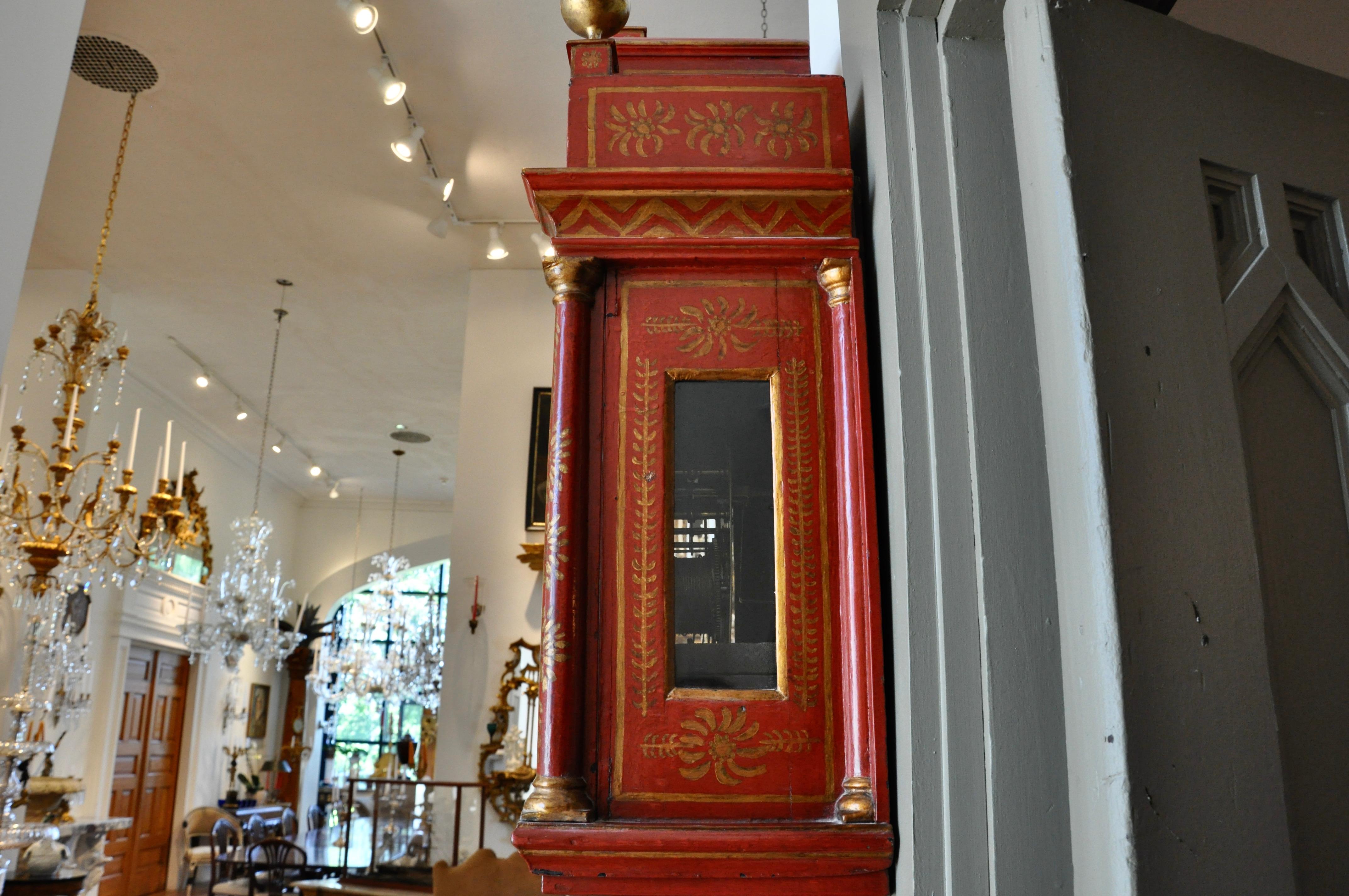 18th Century English Scarlet Red Lacquered Chinoiserie Tall Case Clock In Good Condition In Essex, MA