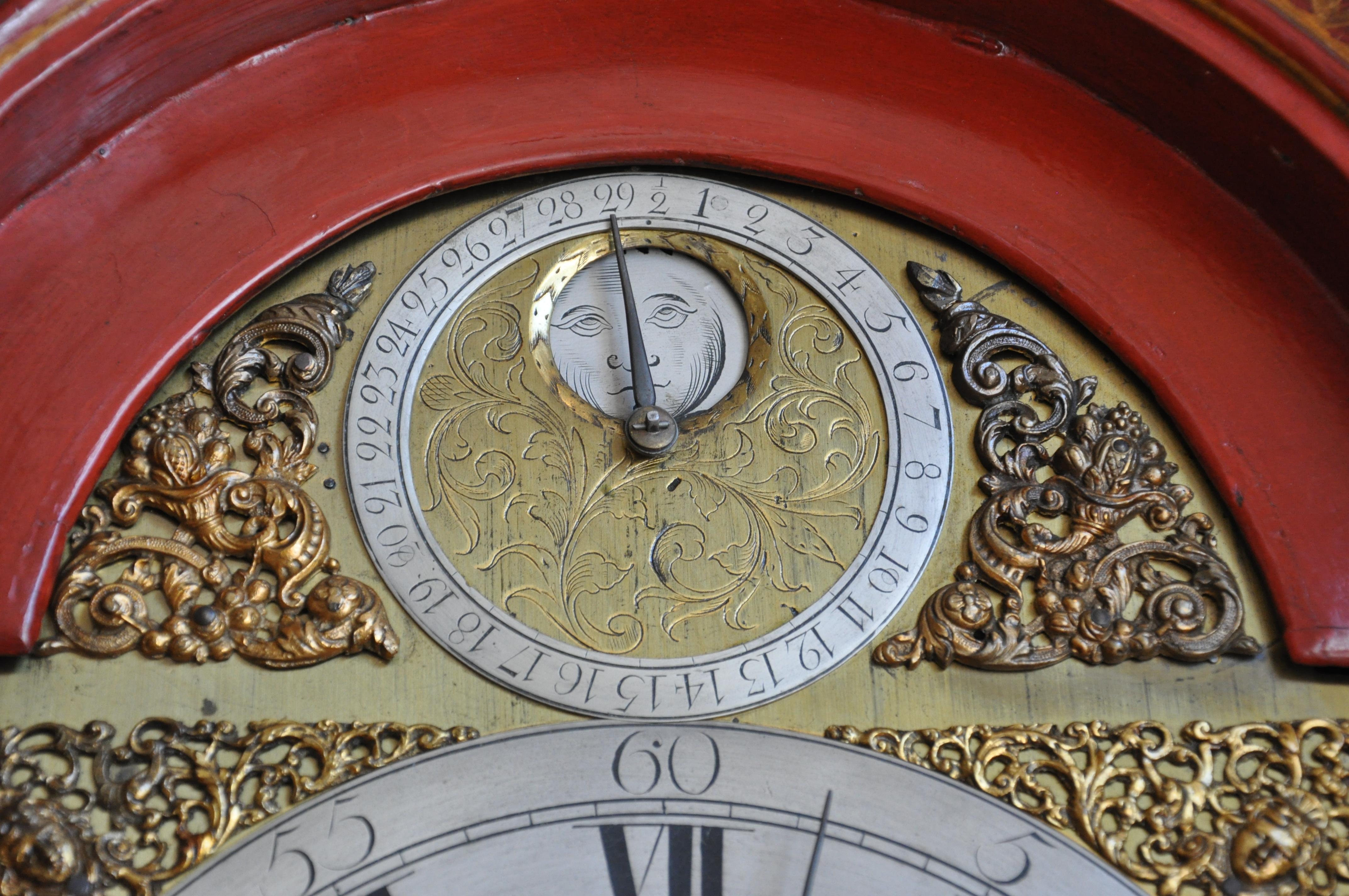 18th Century and Earlier 18th Century English Scarlet Red Lacquered Chinoiserie Tall Case Clock