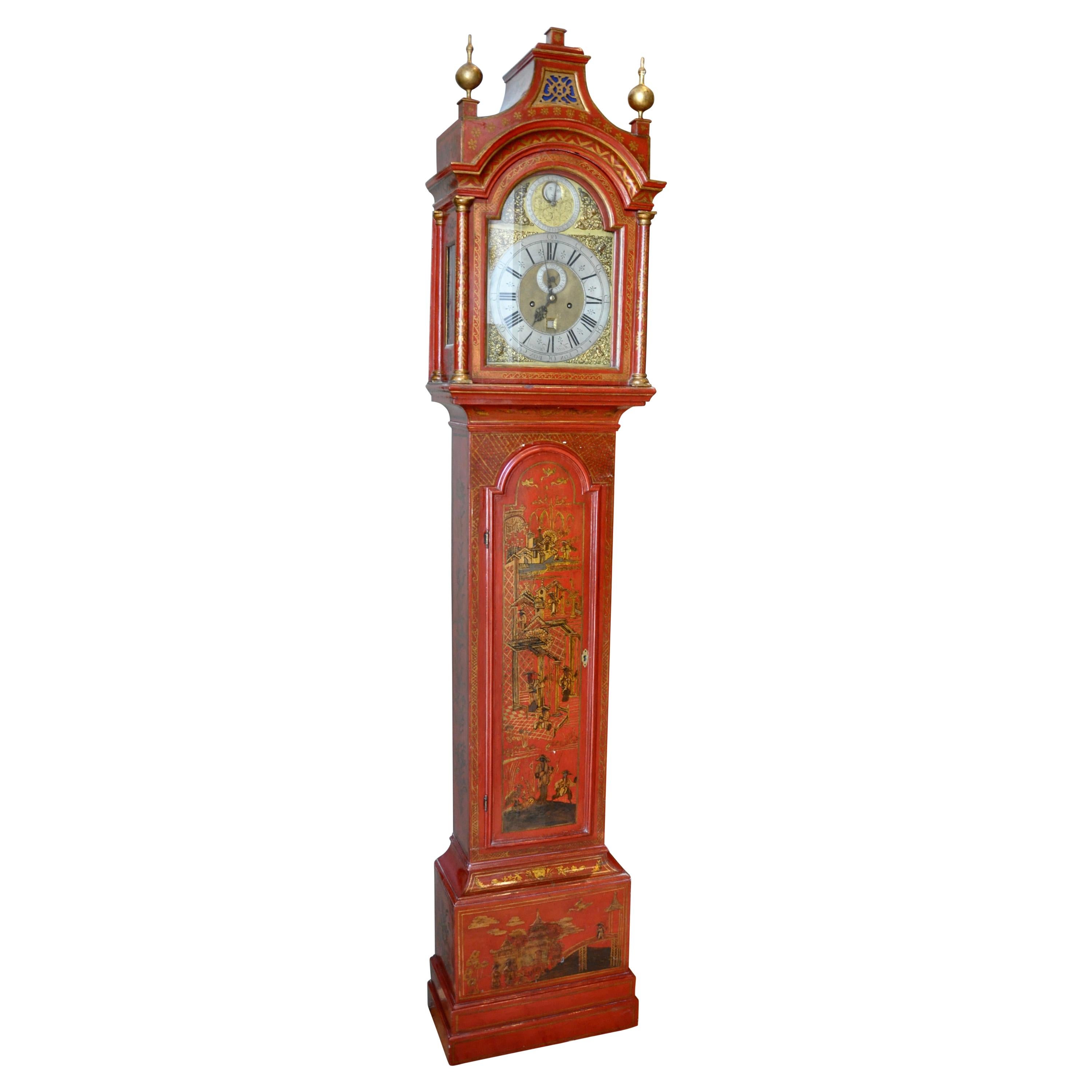 18th Century English Scarlet Red Lacquered Chinoiserie Tall Case Clock