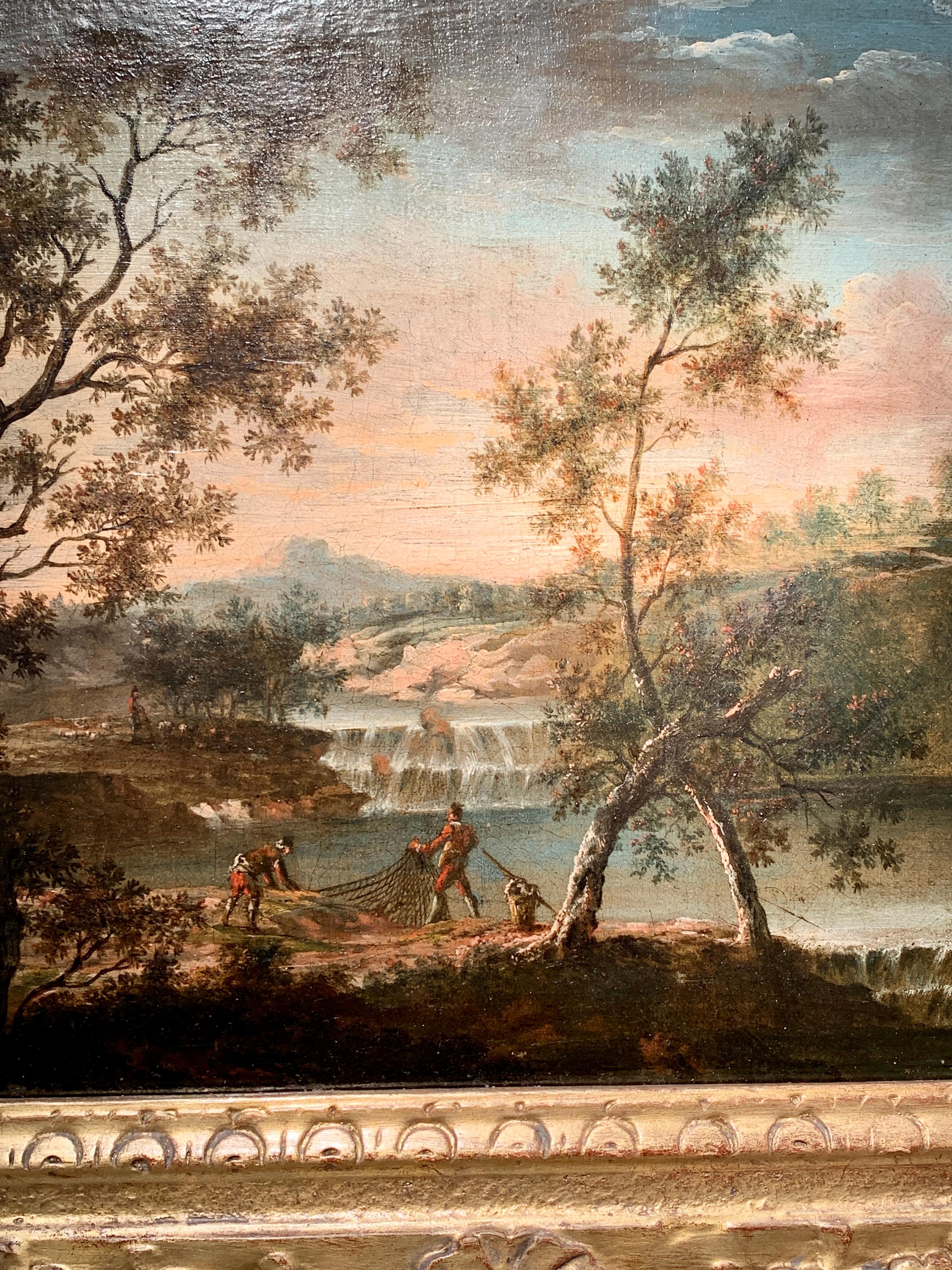 18th century English Antique landscape with men fishing on a river landscape  - Painting by 18th Century English School