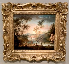 18th century English Antique landscape with men fishing on a river landscape 