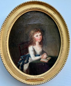 18th century English Antique portrait, young girl with white dress, blue sash