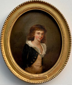 18th century English Antique portrait, young man, with white ruff , blue jacket.