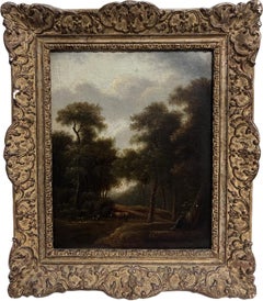 Cattle in Wooded Pastoral Landscape 18th Century English Oil Painting Gilt Frame
