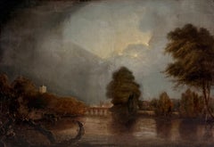 Pregevole dipinto a olio inglese del 1790 Paesaggio dell'estuario al chiaro di luna Bella qualità