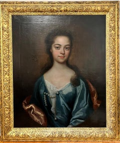 Grande peinture à l'huile d'époque géorgienne représentant un portrait de jeune femme dans un cadre doré