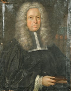 Large 18th Century British Oil Painting Portrait of a Cleric in Wig