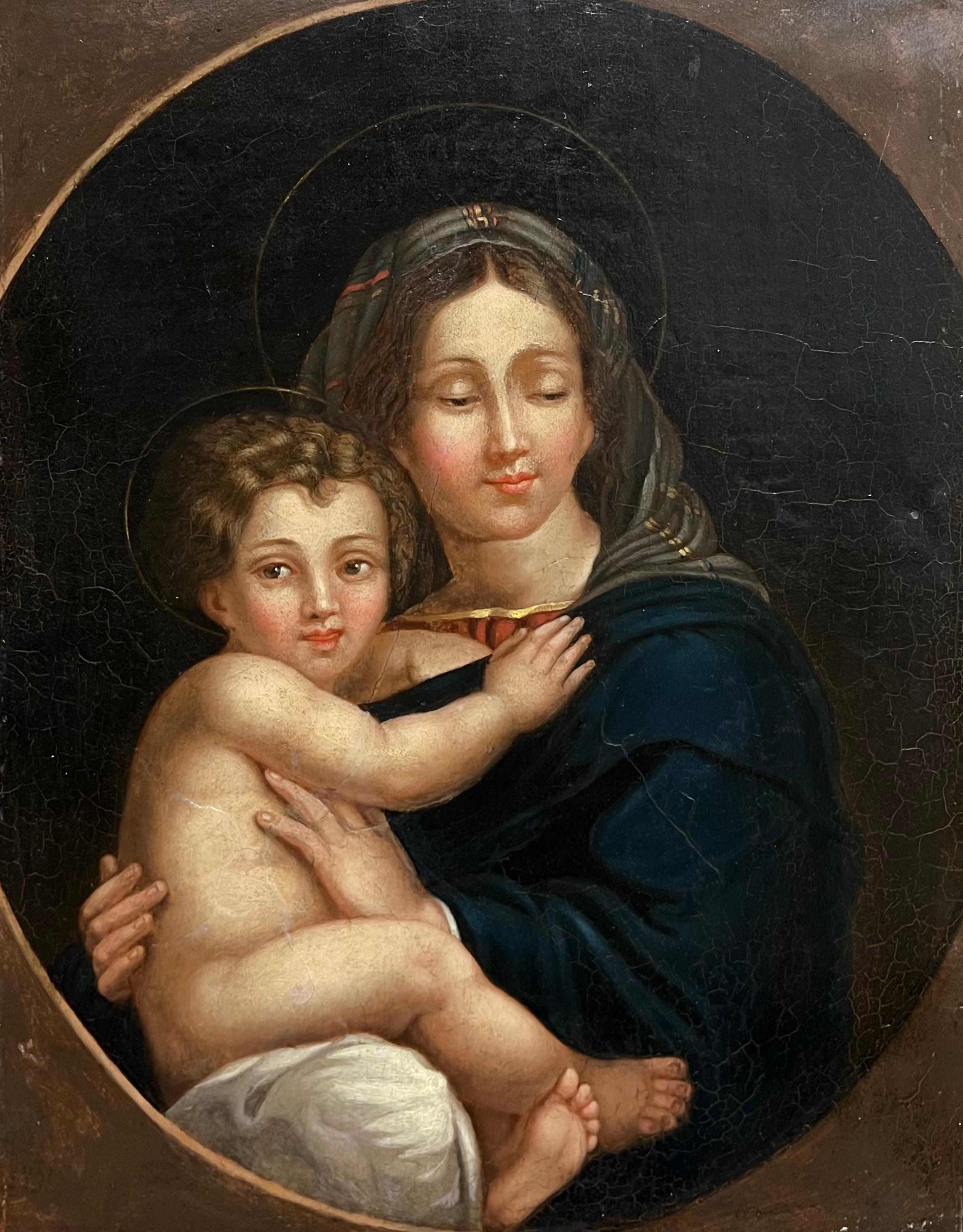 Madonna con Bambino Olio su tela inglese del 1800 con composizione circolare - Painting di 18th Century English School