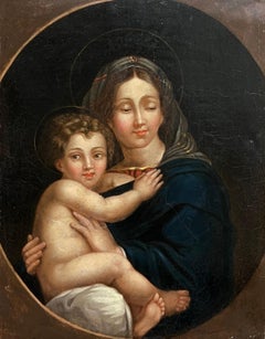 Madonna and Child, huile sur toile anglaise des années 1800 avec composition circulaire