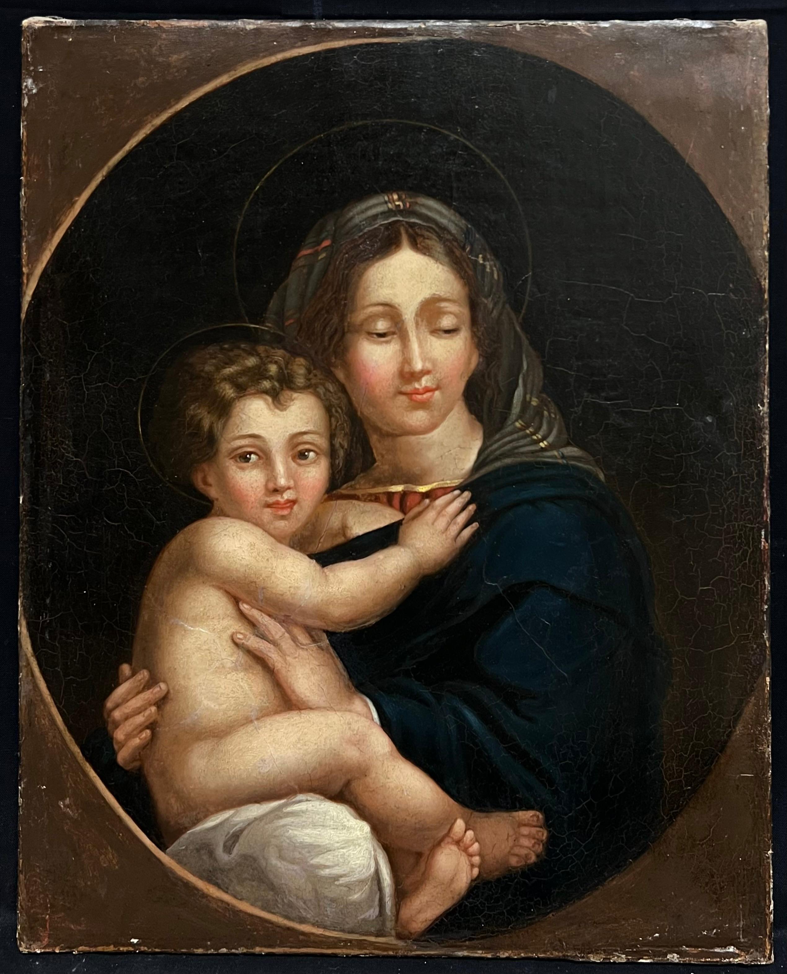 Madonna con Bambino Olio su tela inglese del 1800 con composizione circolare - Figurative Painting Nero di 18th Century English School