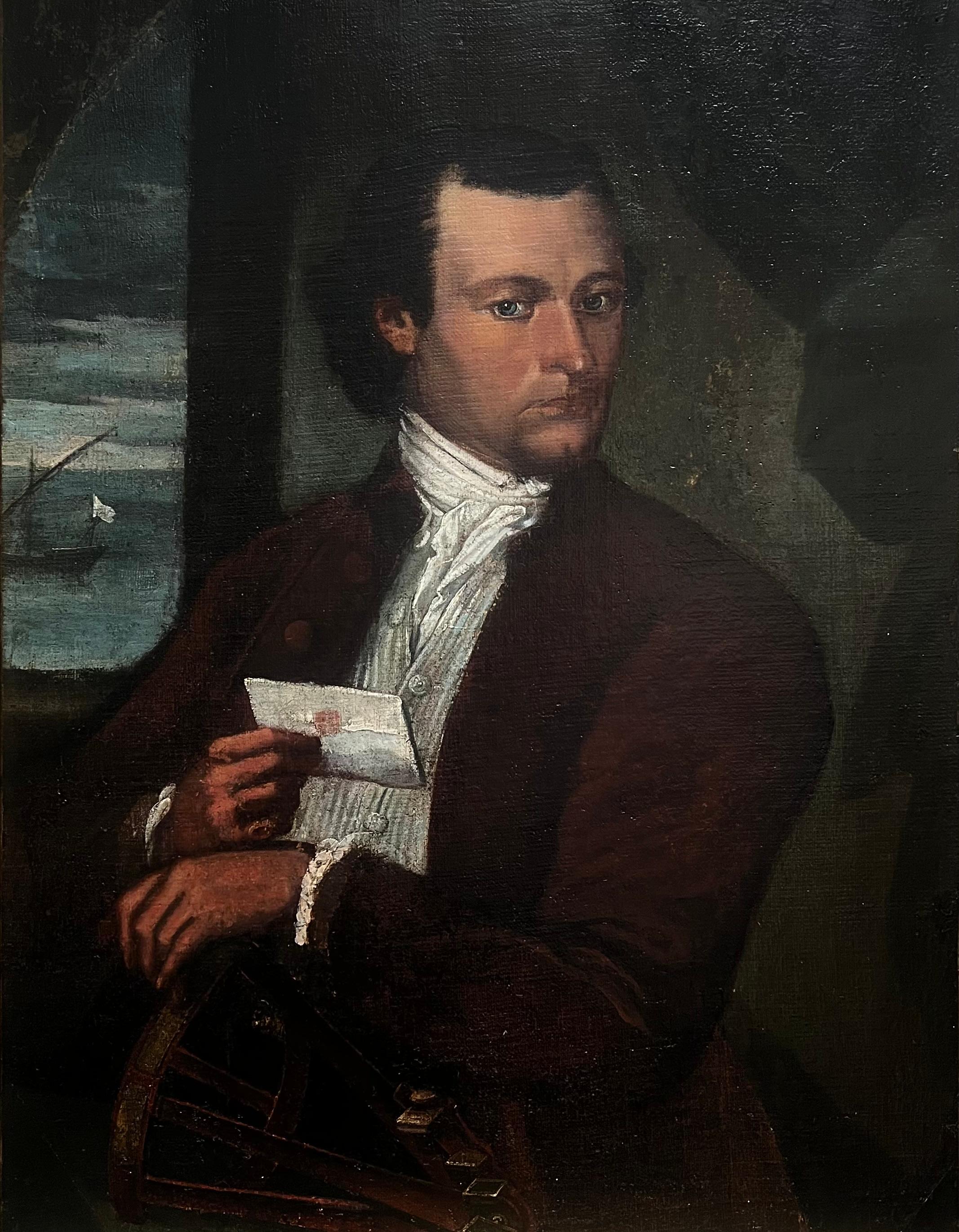 Ritratto d'epoca del giovane capitano James Cook (1728-1779) Grande dipinto a olio del XVIII secolo - Painting di 18th Century English School