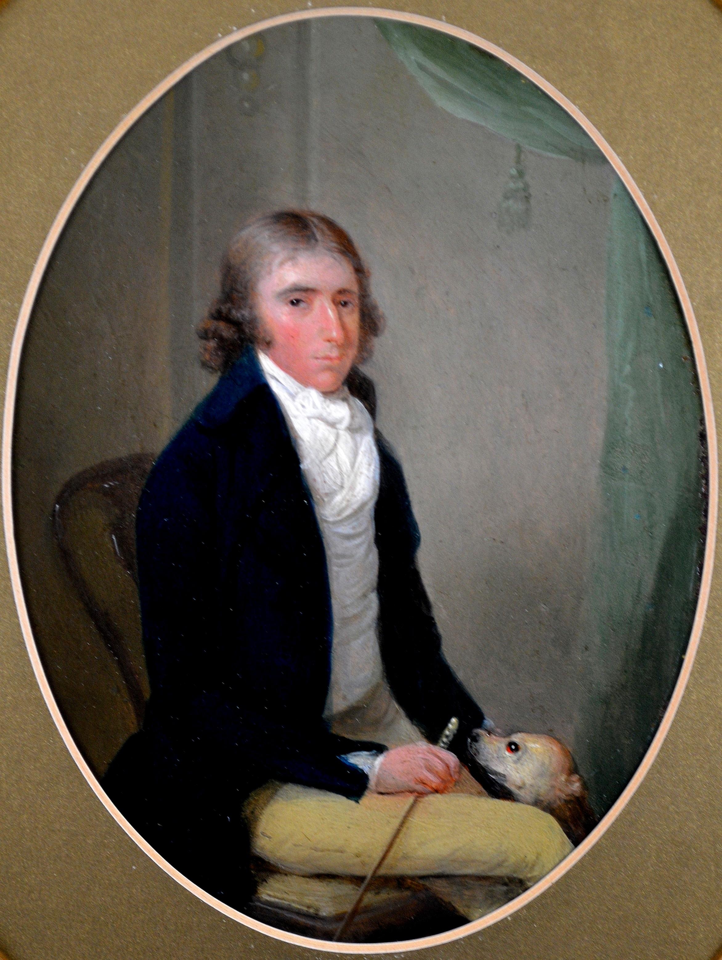 Retrato de un caballero y su perro - Pintura al óleo al viejo estilo inglés georgiano - Painting de 18th Century English School