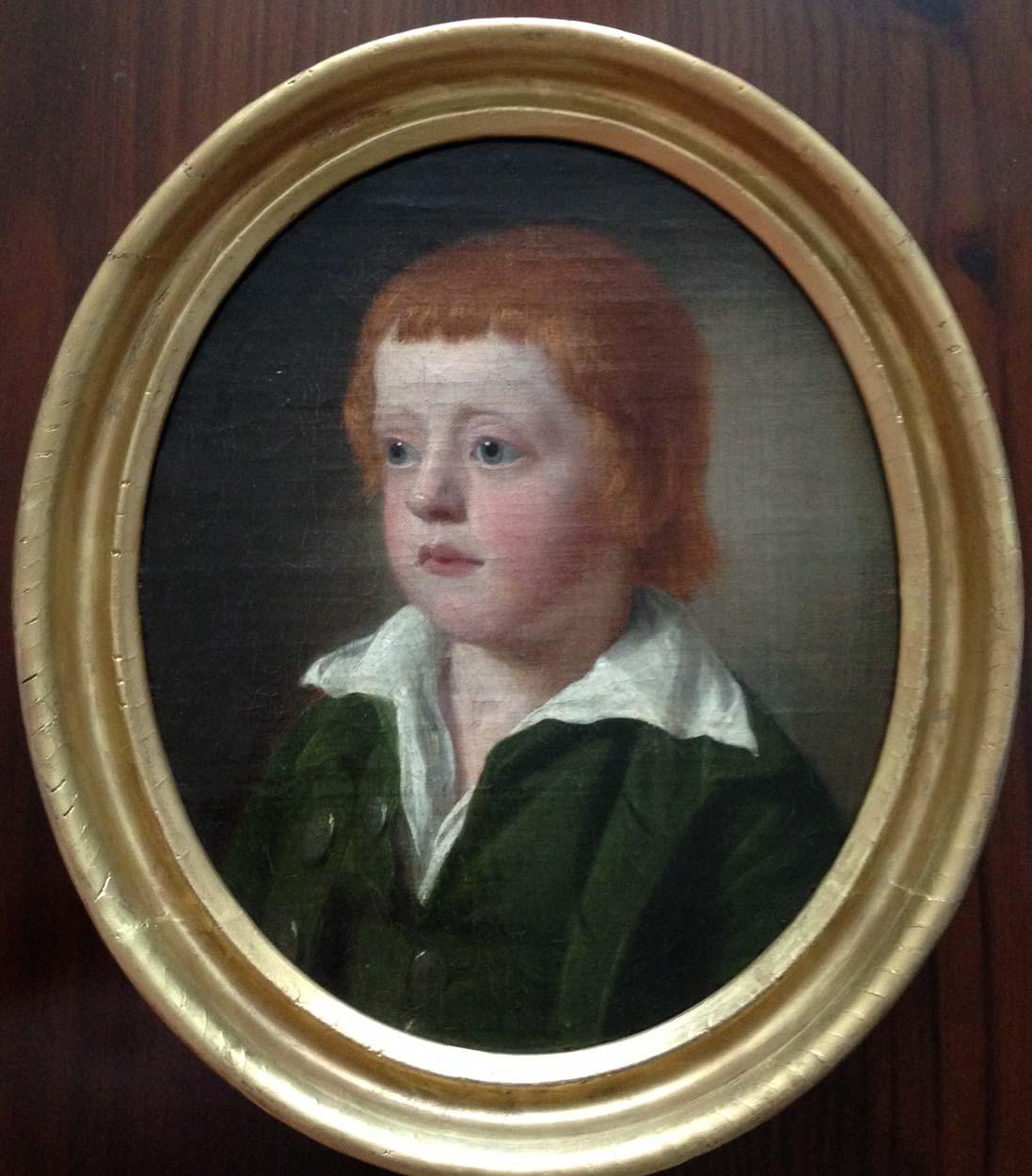 A beautiful decorative 18th century English oil on canvas depicting a young boy in period country wear of white shirt, green waistcoat and matching jacket. Perhaps the son of the local squire, a wealthy farmer or rich merchant - we will never know