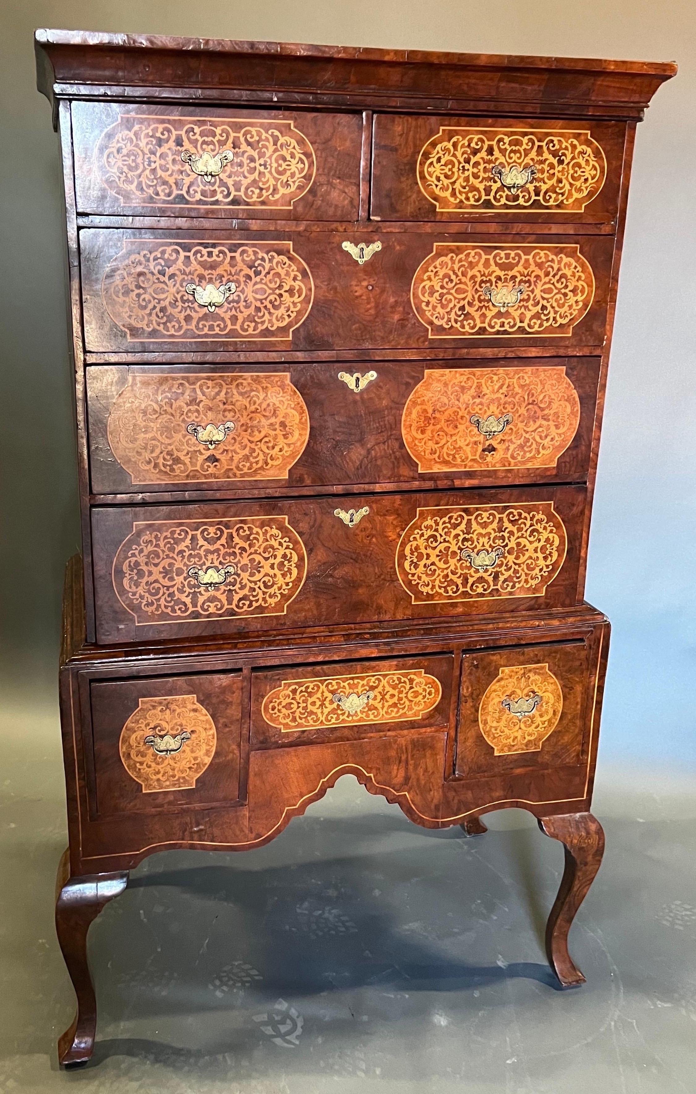 Nice early George II period 18th century English seaweed inlaid chest of frame. Top consists of two drawers over three while the base has three drawers. The seaweed inlay is fabulous. Nice rich color and patina throughout 