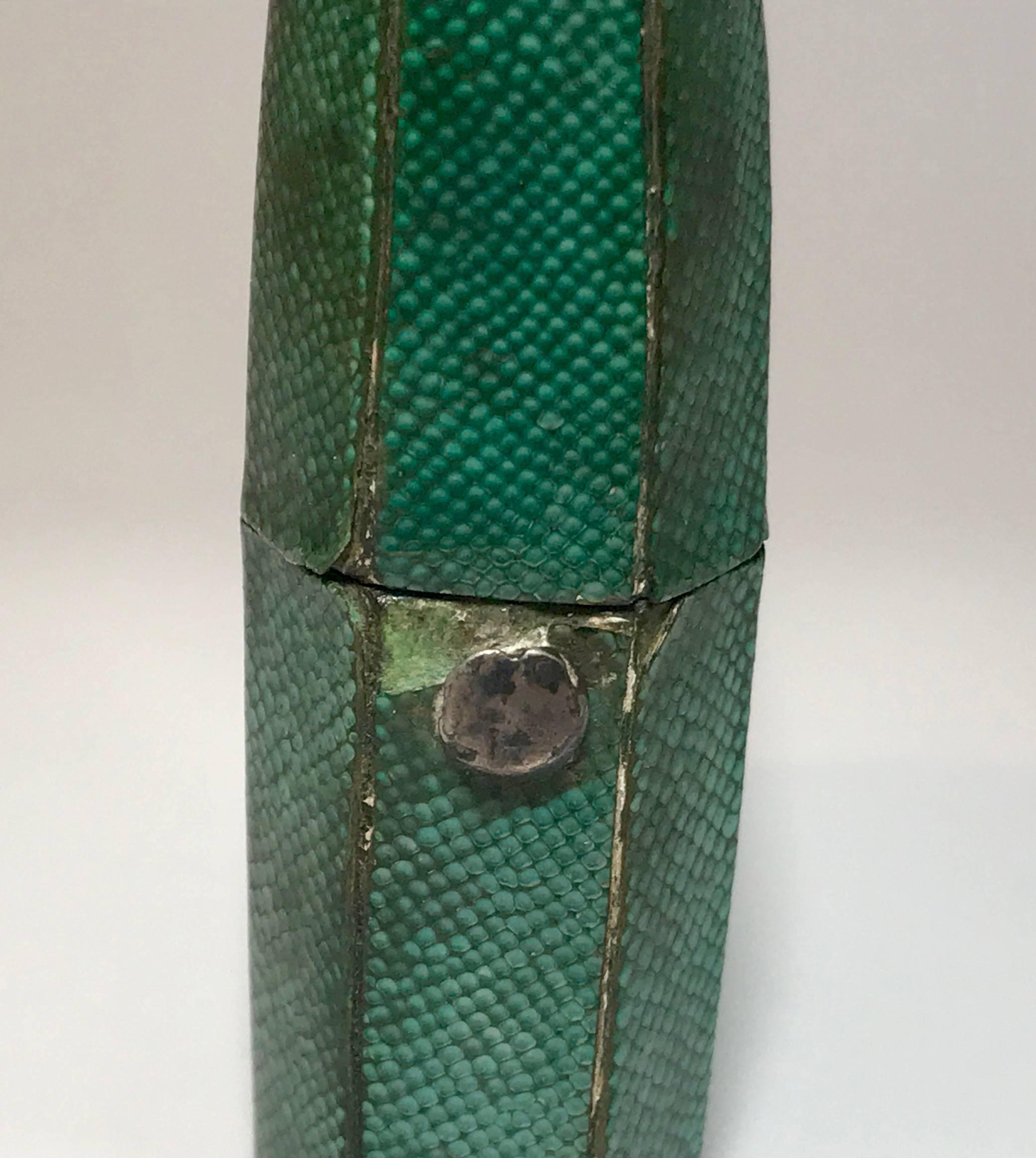 18th century English shagreen perfume case with two glass perfume bottles.