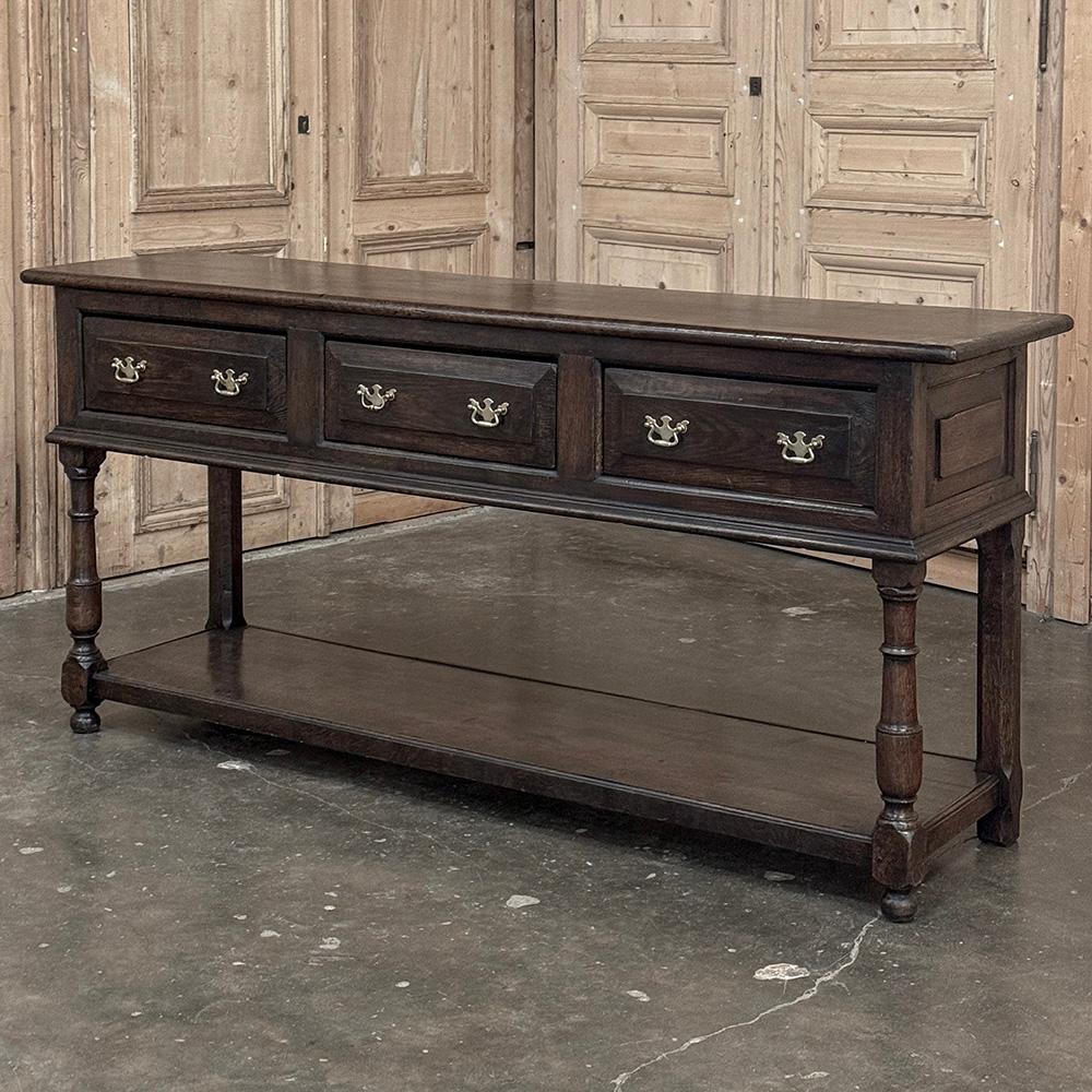 18th Century English Sideboard ~ Console ~ Sofa Table will make an excellent choice as a credenza as well!  Hand-crafted from dense, old growth English oak to literally last for centuries, it was meticulously fashioned by talented artisans utilizing