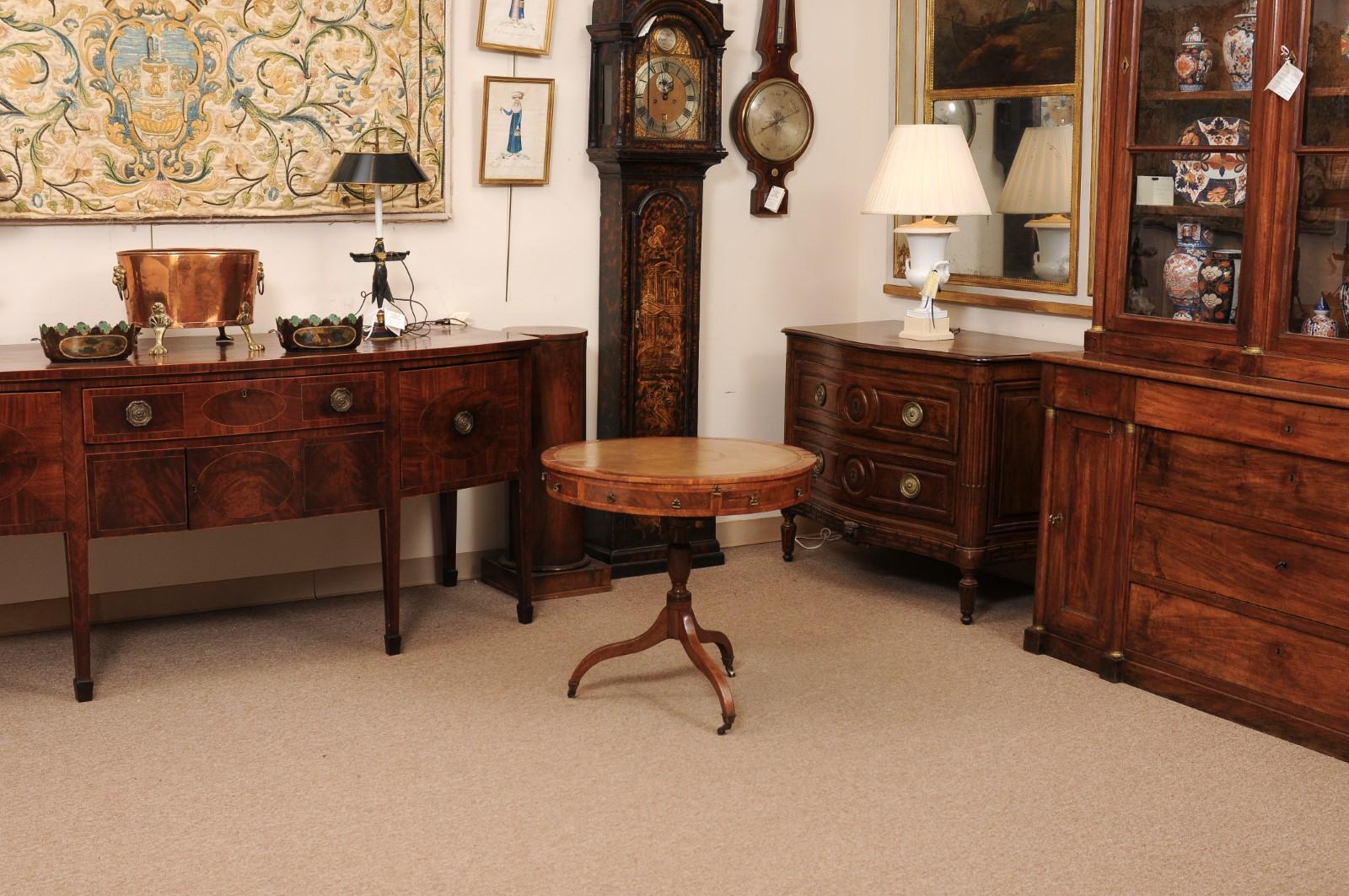 18th Century English Small Mulberry Drum Table with Inlay & Leather Top For Sale 7