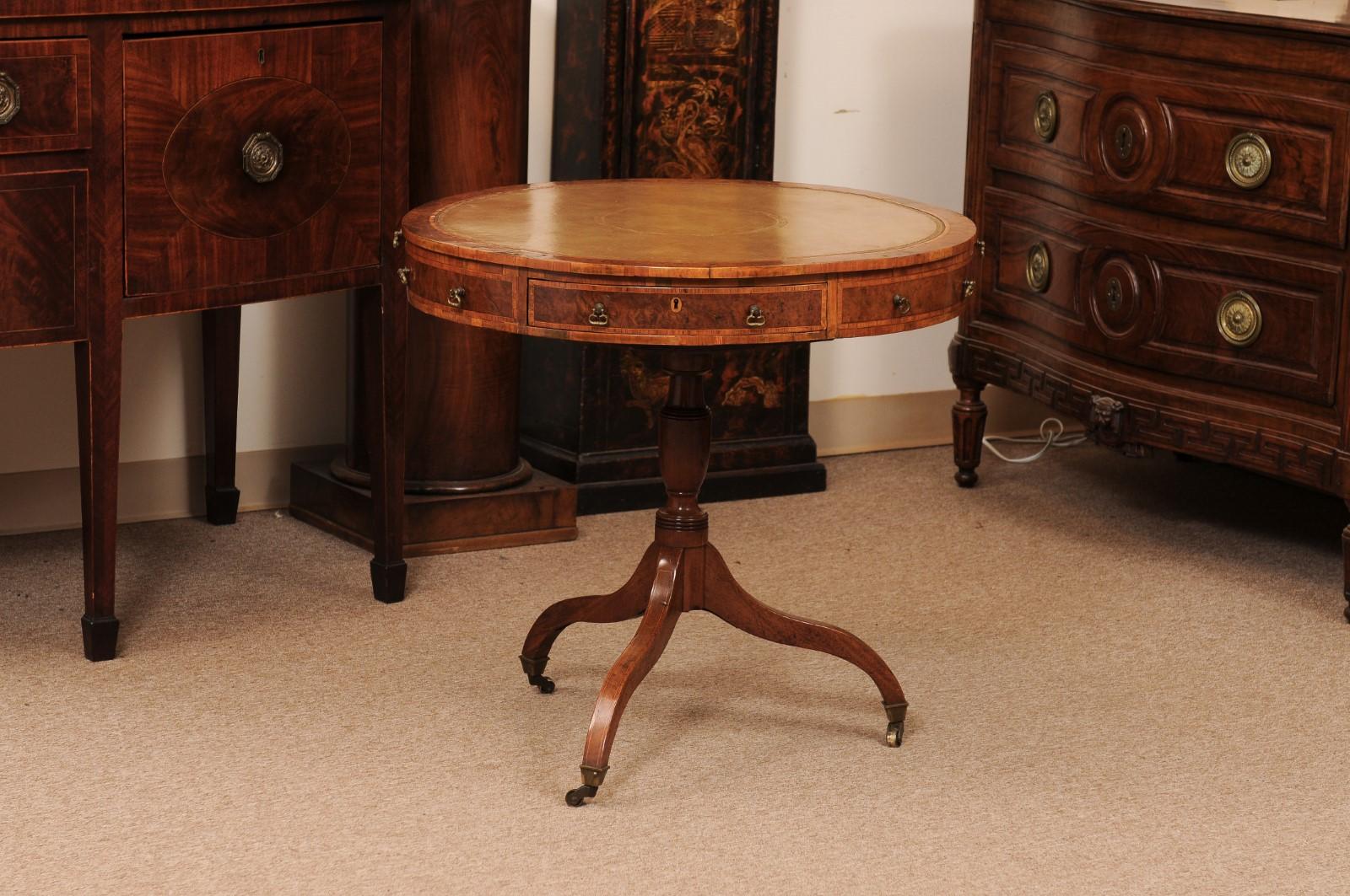 18th Century English Small Mulberry Drum Table with Inlay & Leather Top For Sale 8