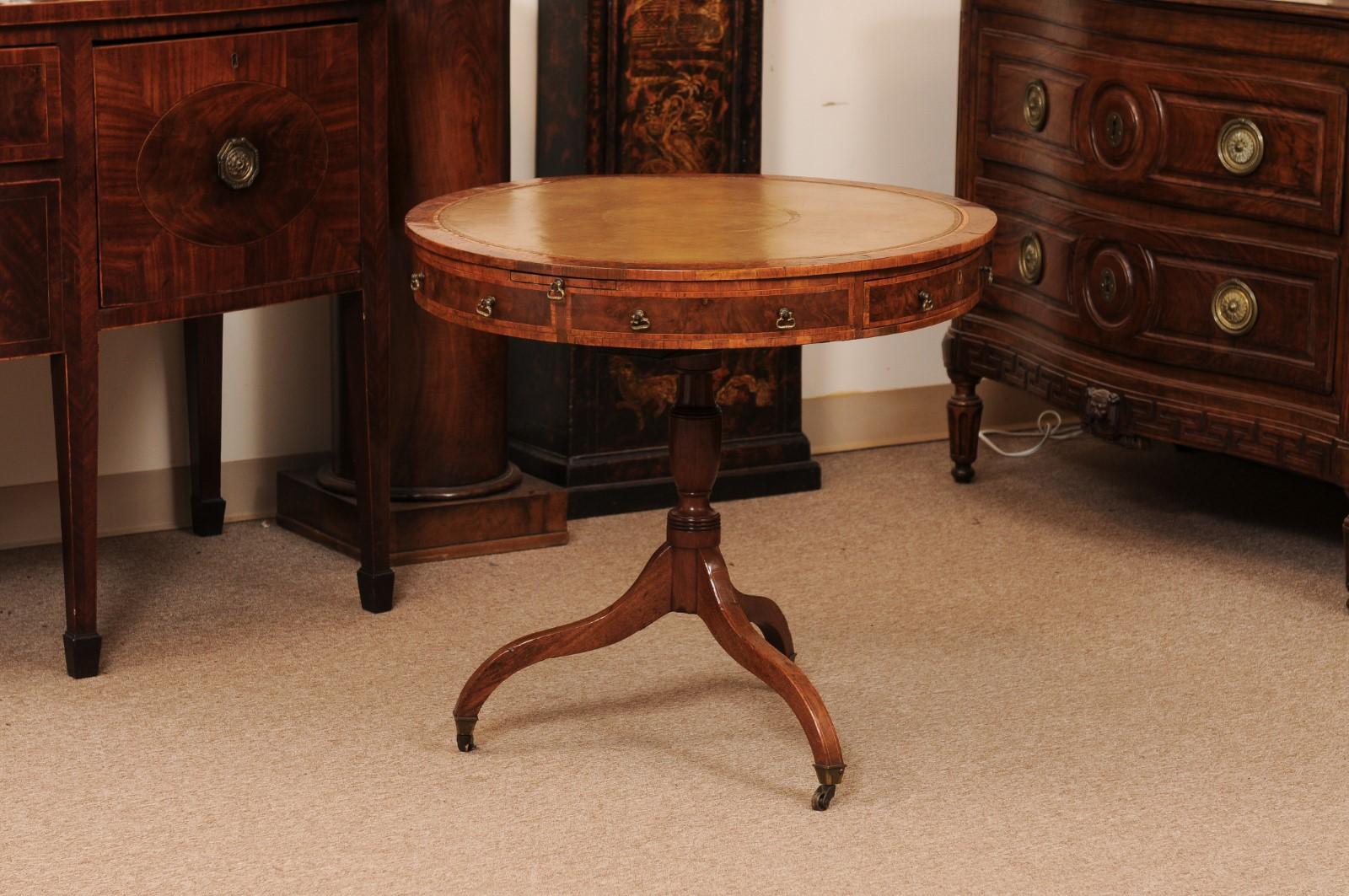 18th Century English Small Mulberry Drum Table with Inlay & Leather Top For Sale 9