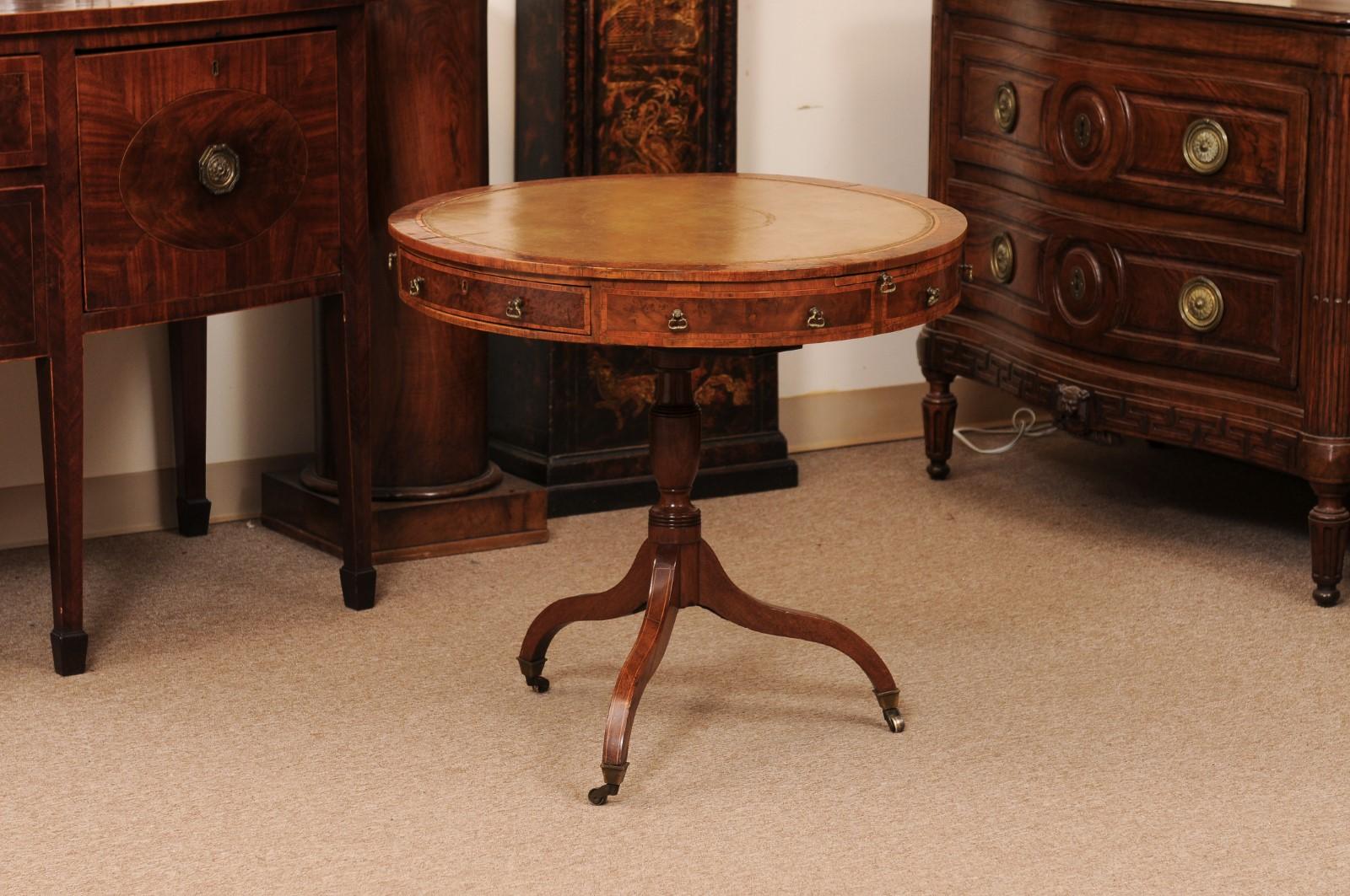 18th Century English Small Mulberry Drum Table with Inlay & Leather Top For Sale 10