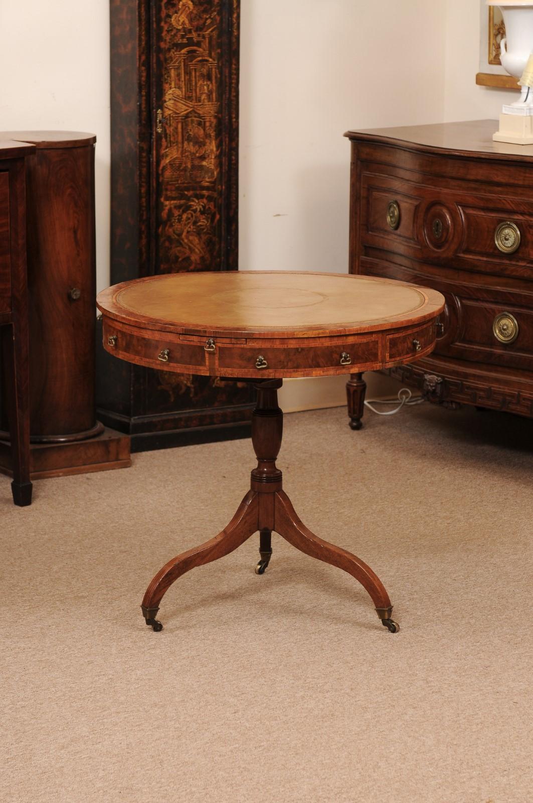 18th Century English Small Mulberry Drum Table with Inlay & Leather Top In Fair Condition For Sale In Atlanta, GA