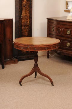 18th Century English Small Mulberry Drum Table with Inlay & Leather Top