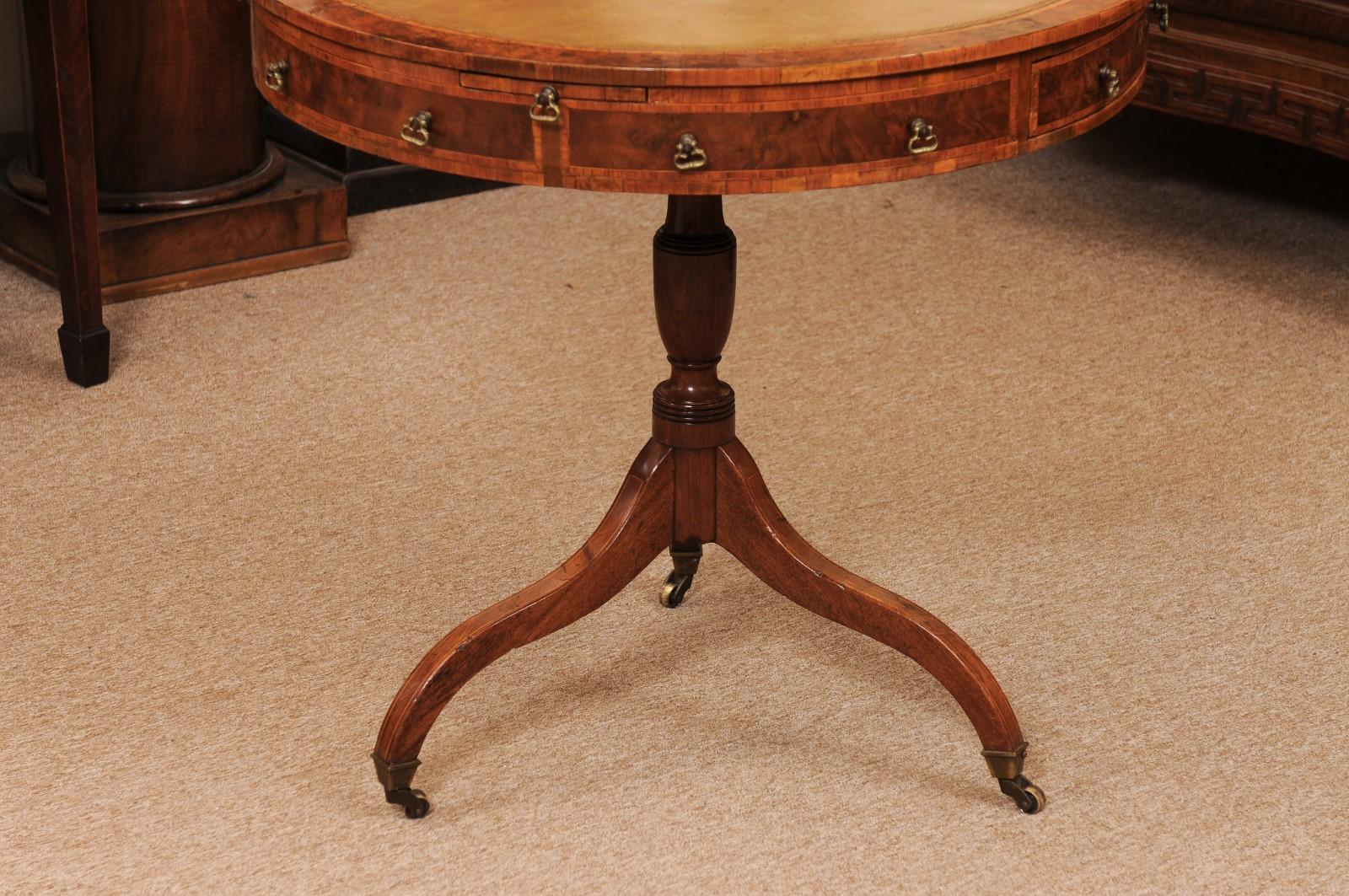 18th Century and Earlier 18th Century English Small Mulberry Drum Table with Inlay & Leather Top For Sale