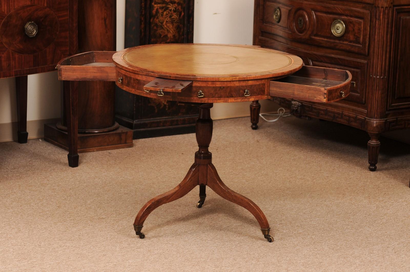 18th Century English Small Mulberry Drum Table with Inlay & Leather Top For Sale 1